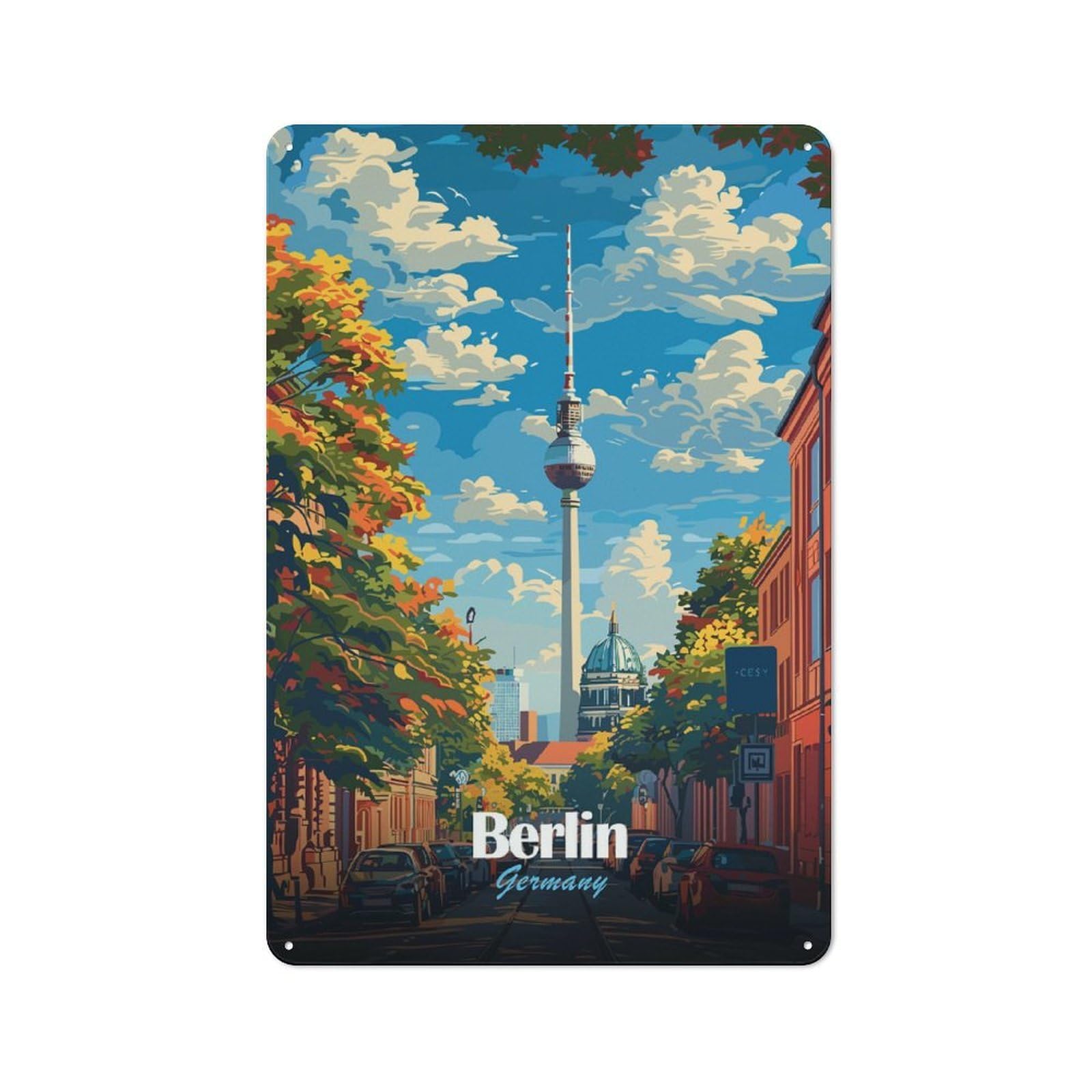 Junmoney Style-1 Tin Wall Plaque 30X20cm With Berlin, Germany Cityscape Illustration For Hallway Wall, A Decorative Metal Sign For Hallways And Entrance Areas