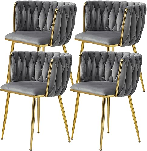 Miniatura 18 de Juego de 4 sillas de comedor de terciopelo, modernas sillas de comedor con patas de metal dorado, sillas de comedor tapizadas tejidas para comedor,