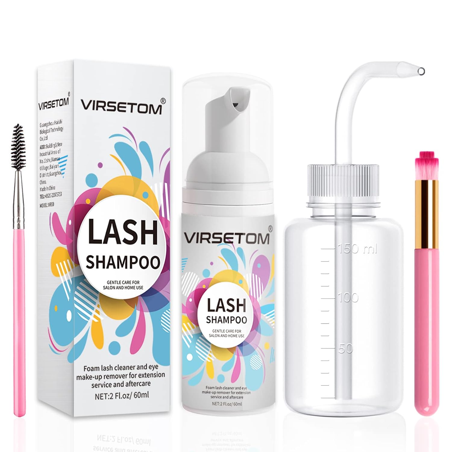 Lash Shampoo for Lash Extensions, Eyelash Extension Cleanser 60ml + Rinse Bottle + Brushes, Lash Bath for Eyelash Extensions, Lash Shampoo Kit, Lash Cleaner, Paraben & Sulfate Free, Salon and Home Use