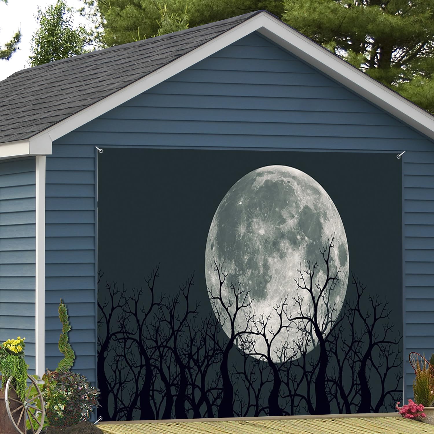 7x8ft Moonlit Spooky Forest Garage Door Decor Gloomy Silhouetted Trees Full Moon Motif Garage Door Cover for Indoor Outdoor Celebration Halloween Festive Background Decor