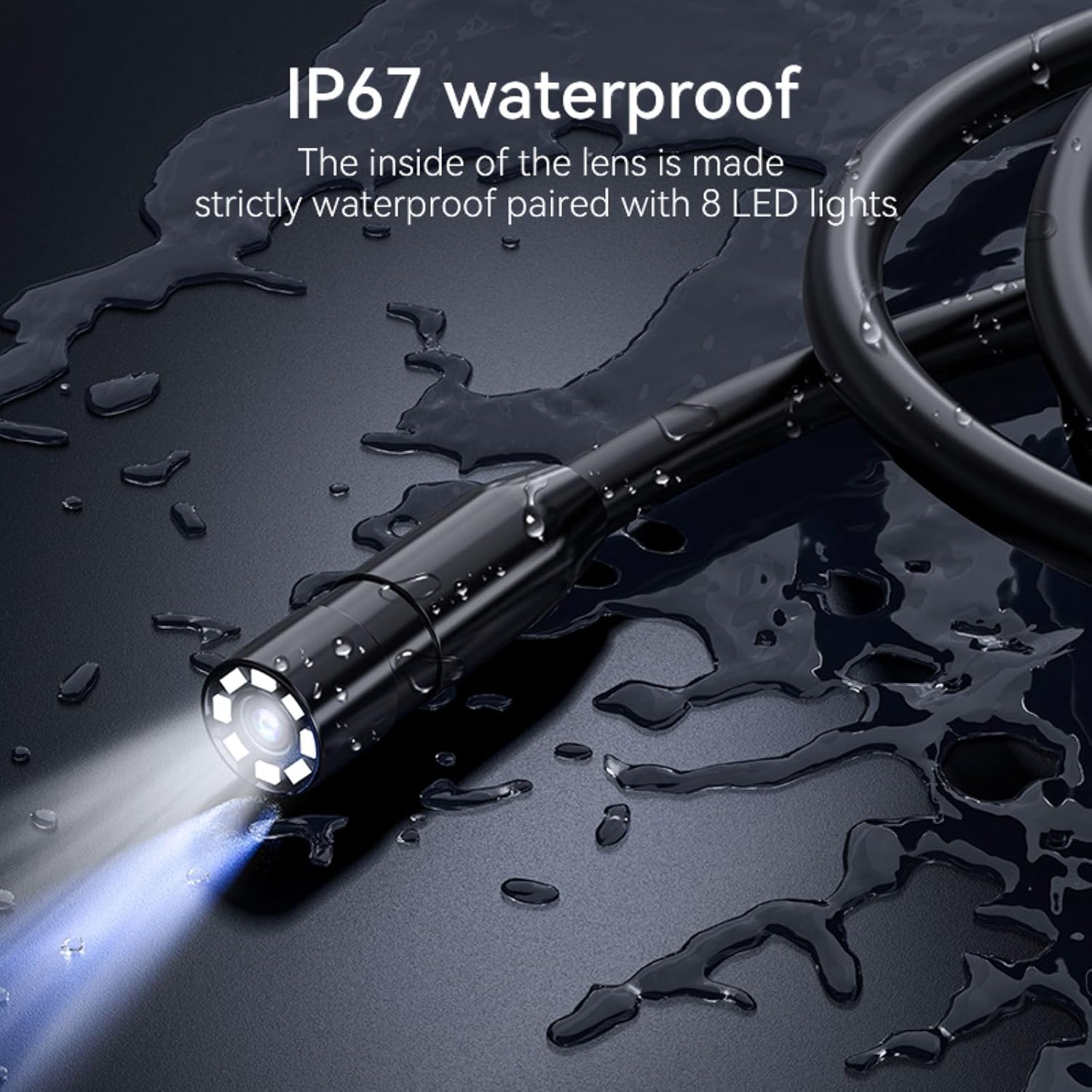 Close-up of the IP67 waterproof endoscope probe with 8 LED lights.