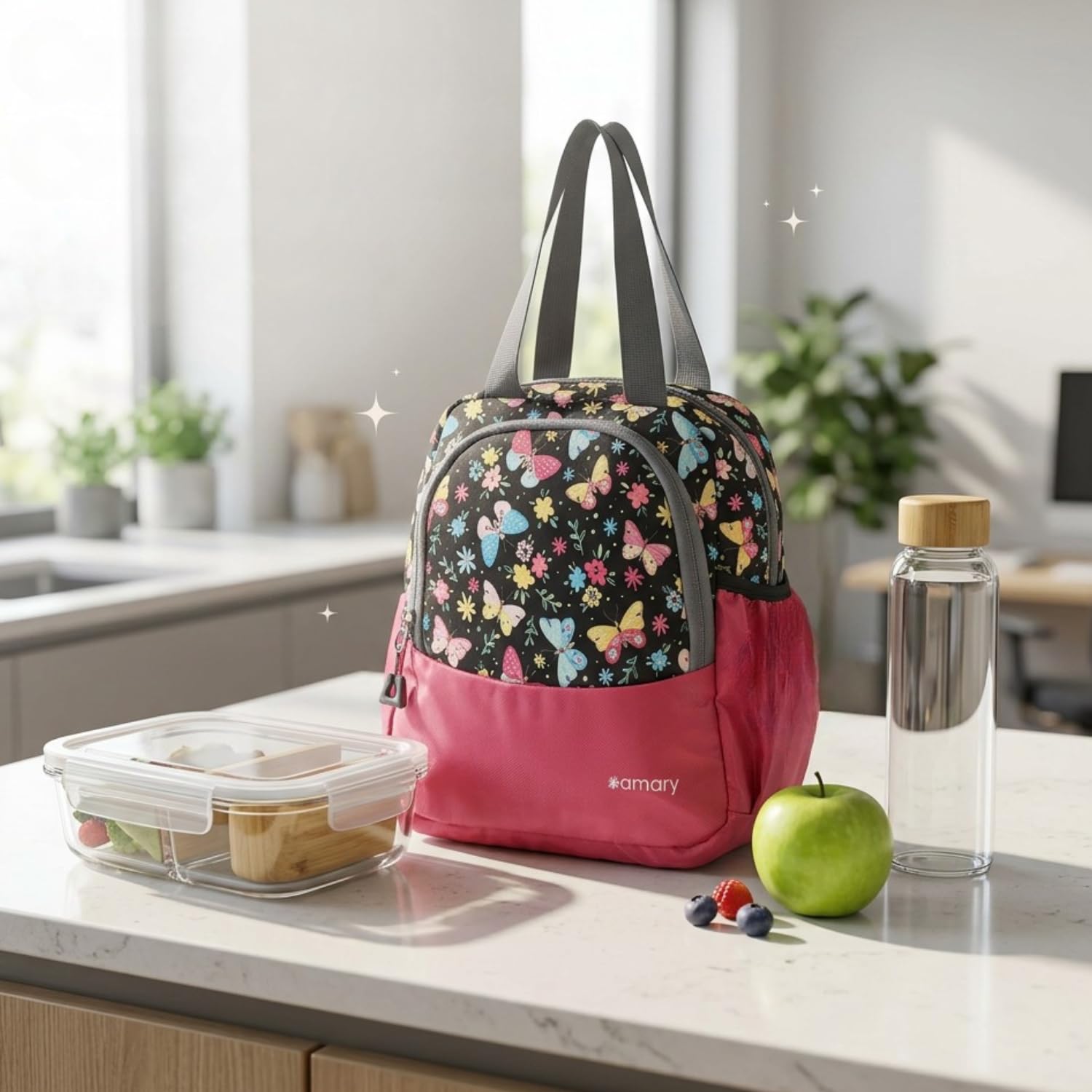 AMARY Lunch Bag Butterfly Pink | Water-Repellent Lightweight Fabric | Tiffin Bag with Bottle Holder & Front Pocket | Durable Zipper & Spacious Lunch Storage (Butterfly Pattern, Pink)