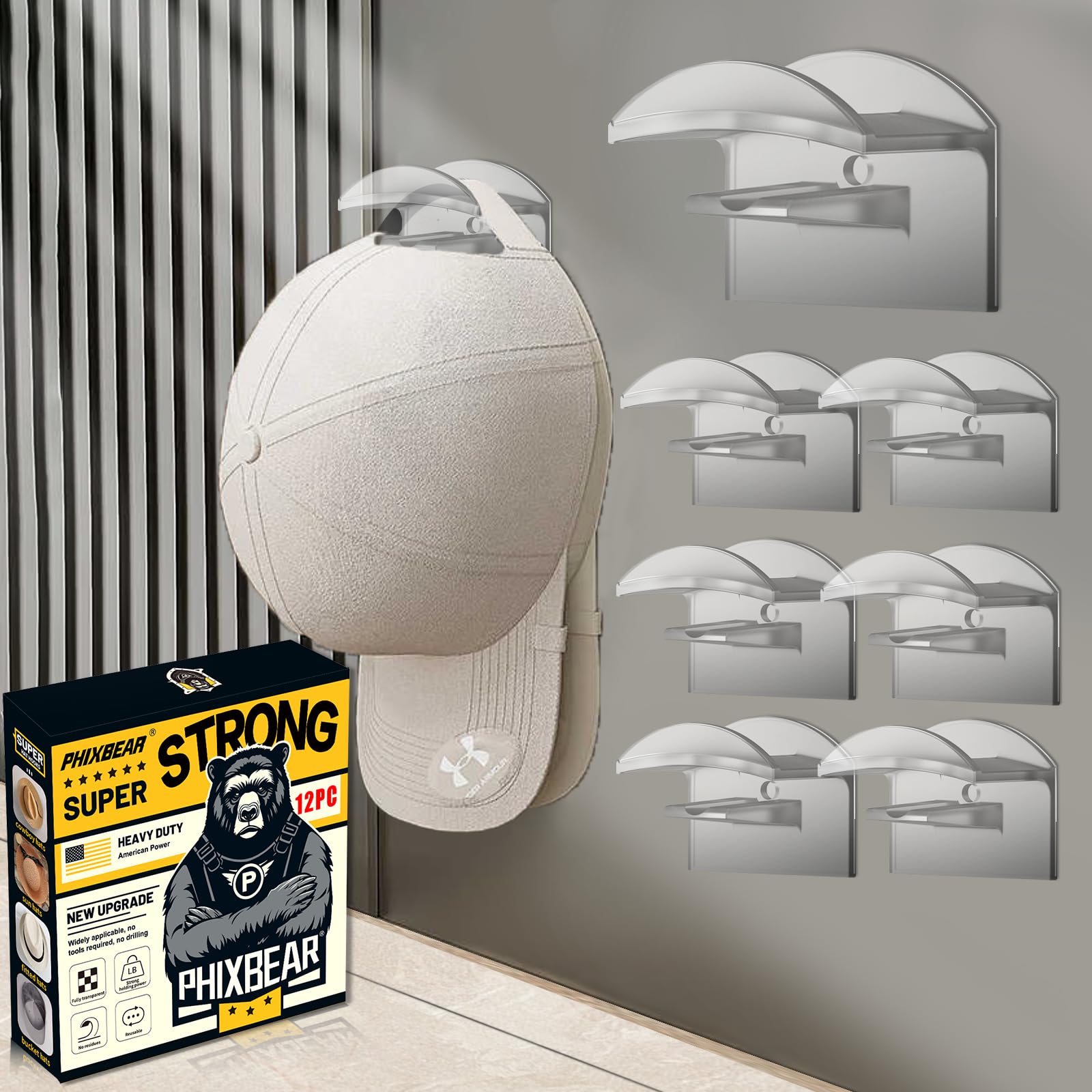 PHIXBEAR Clear Hat Rack, Hat Hooks - Wall Baseball Cap Organizer, No-Drilling & No-Residue, for Wall/Door/Closet (12 PCS)