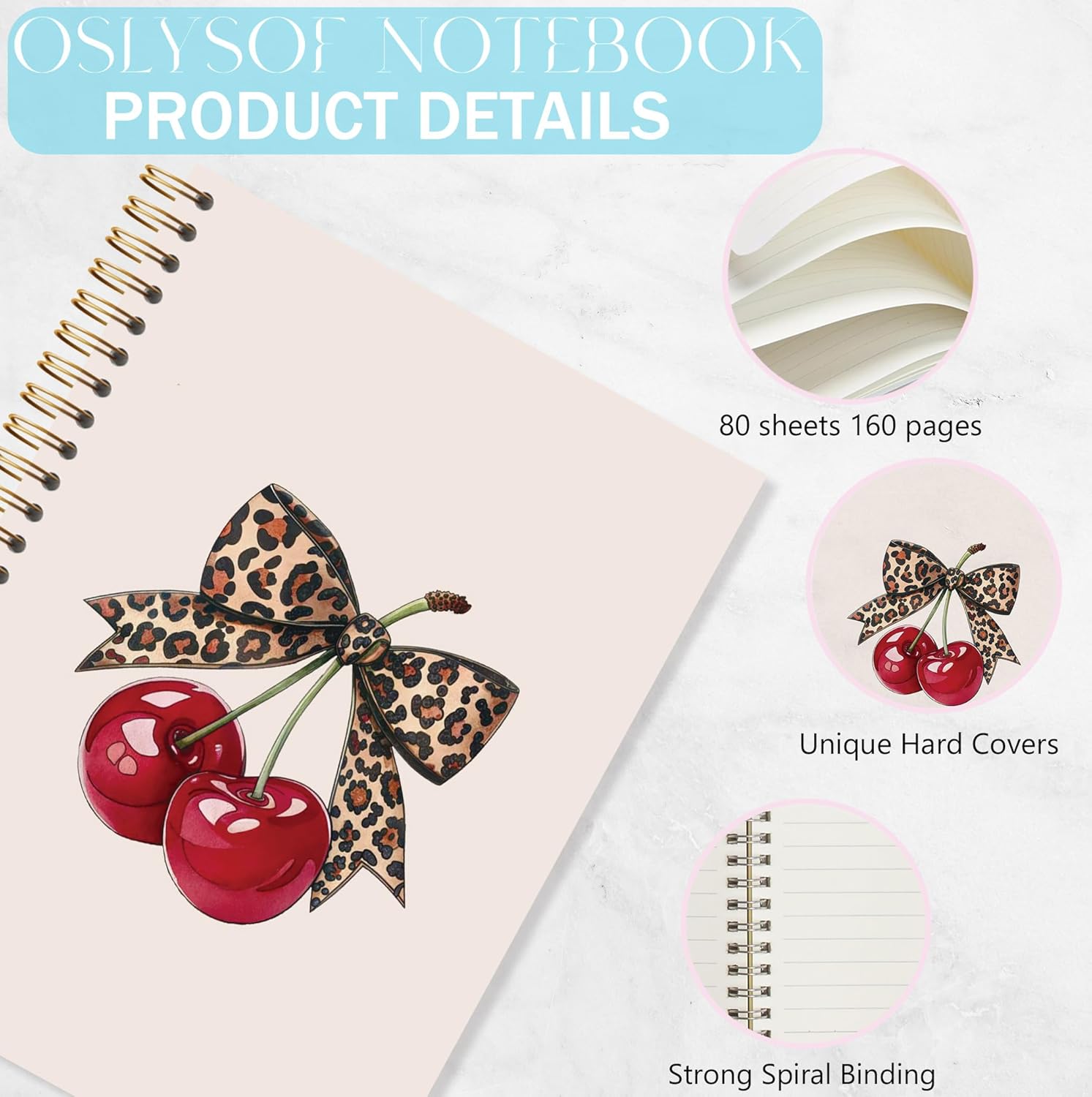 OSLYSOF Coquette Cherry Gifts Spiral Notebook, Trendy Cheetah Print Bow Notebooks for Note Taking, Preppy Funky Cherry Journal gifts for women, Aesthetic Journal 5.5x8.3 Inch with 164 Pages - Image 4