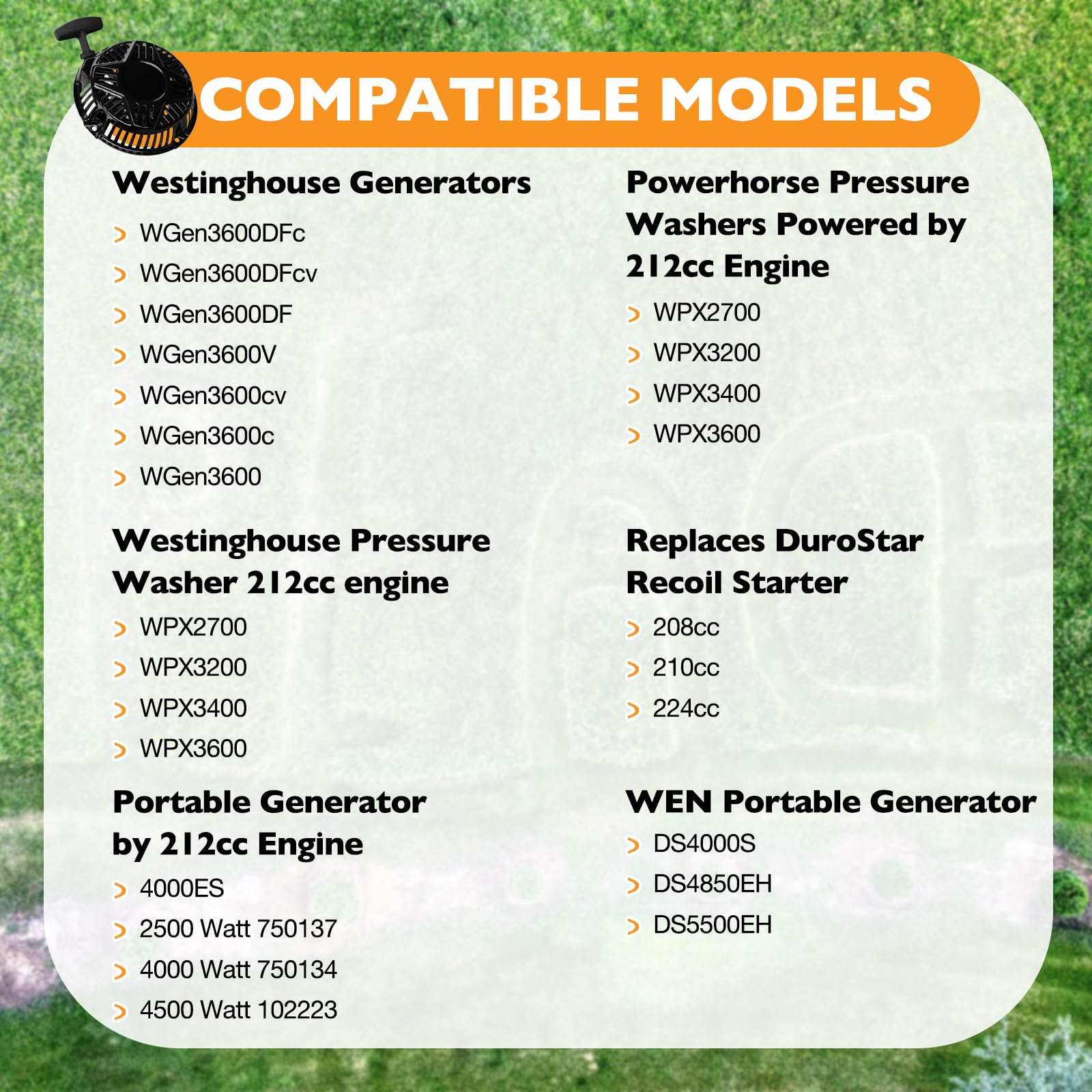 HQPASFY Conjunto de arranque de retroceso compatible con WGen3600 WGen3600DF WGen3600c WGen3600v y más generador portátil y motor Powerhorse de 212 cc