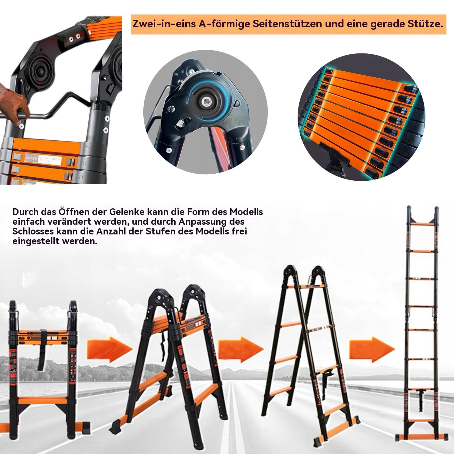 Teleskopleiter Klappleiter 6.6m Multifunktionsleite 3.3m+3.3m Kohlenstoffstahl Leiter Stehleiter mit 2 Rädern & Werkzeugtasche Bis 150 kg Belastbarkeit mit EN131 Zertifiziert