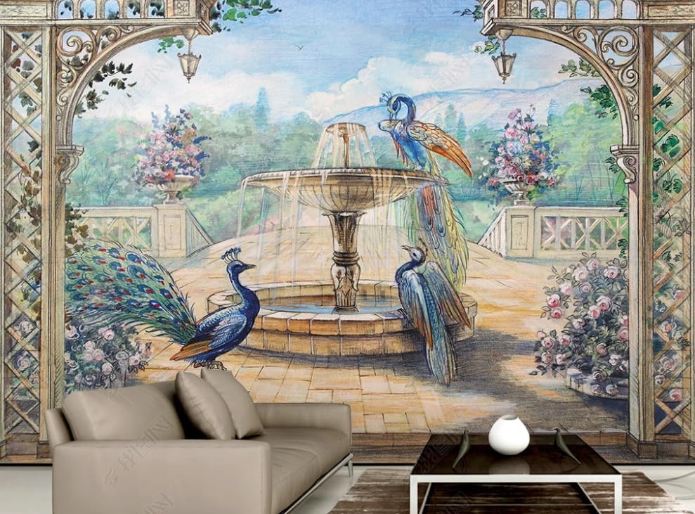 Papier peint intissé fontaine du paon pour rénover un mur de salon