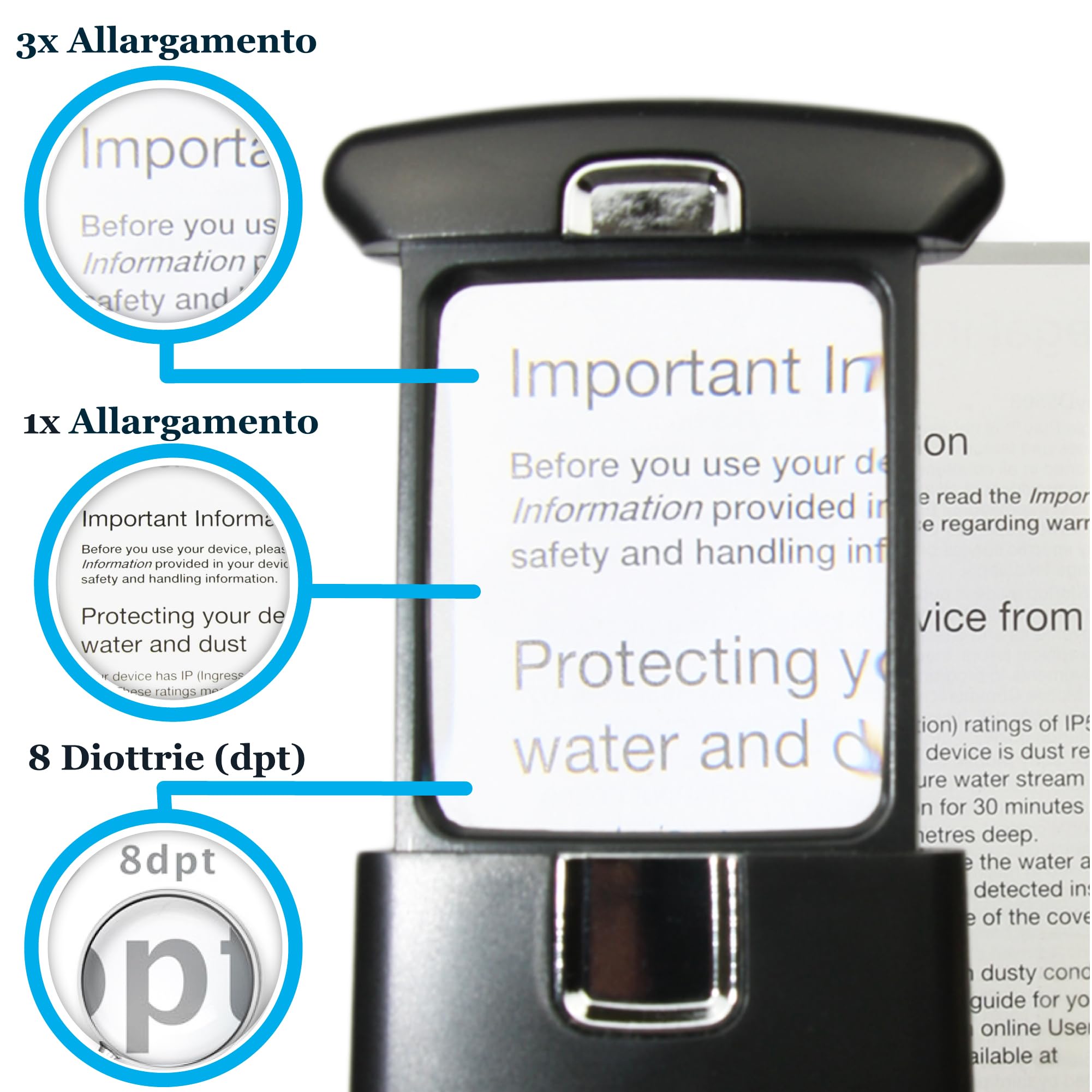 EasY Magnifier Lente di Ingrandimento Tascabile per Lettura 3.0X 300% con Luce LED; Lenti d'ingrandimento Professionale; Lentino Ricambio, Regalo per Anziani