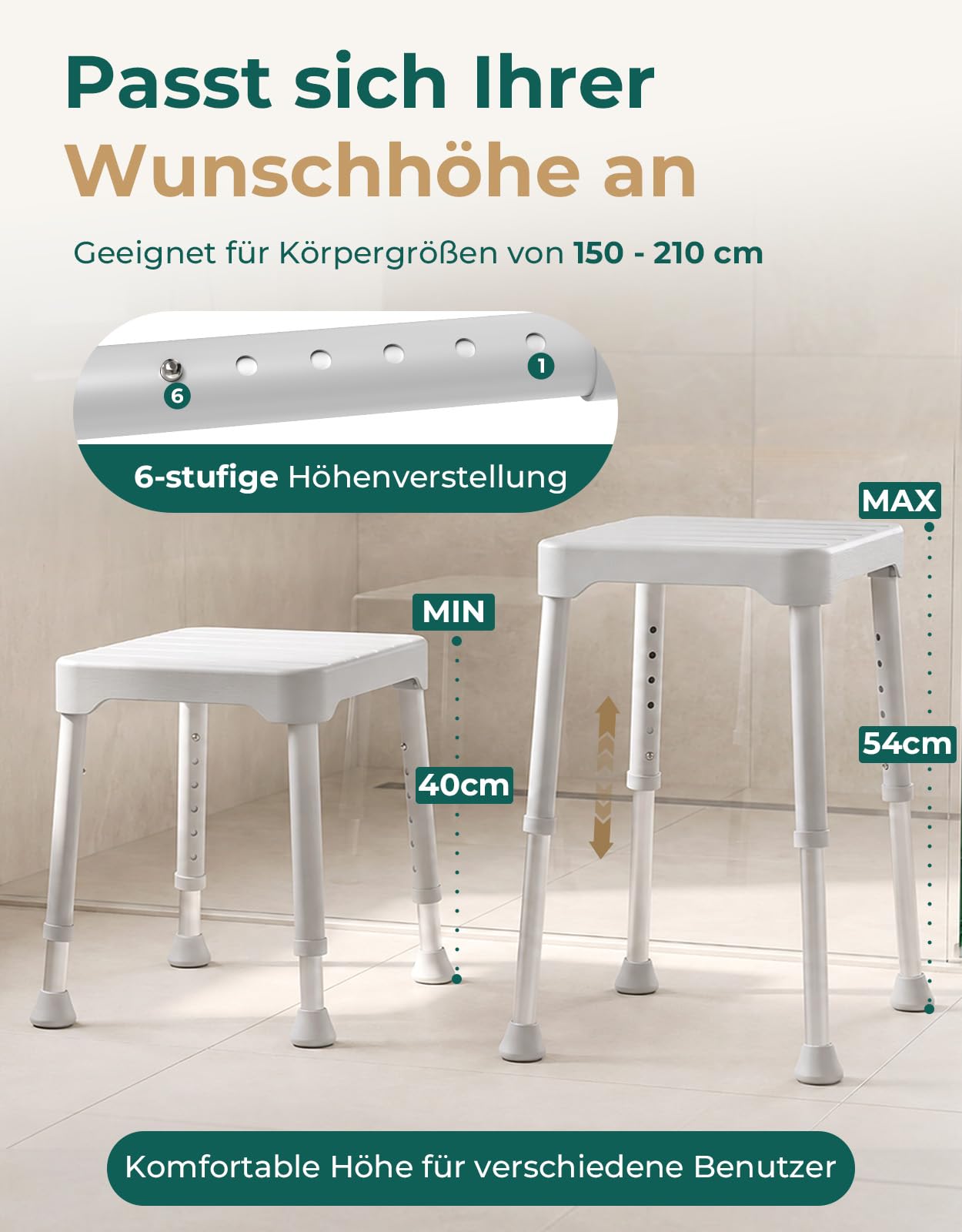 Duschhocker für Senioren, Höhenverstellbar, bis 158 kg, Grau-Weiß