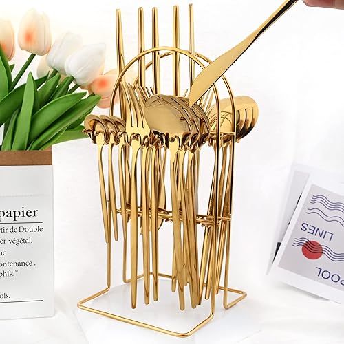 Miniatura 3 de snplowum 1 soporte de cubiertos dorado, soporte de cubiertos de acero inoxidable, estante de almacenamiento de vajilla colgante de cocina, capacidad