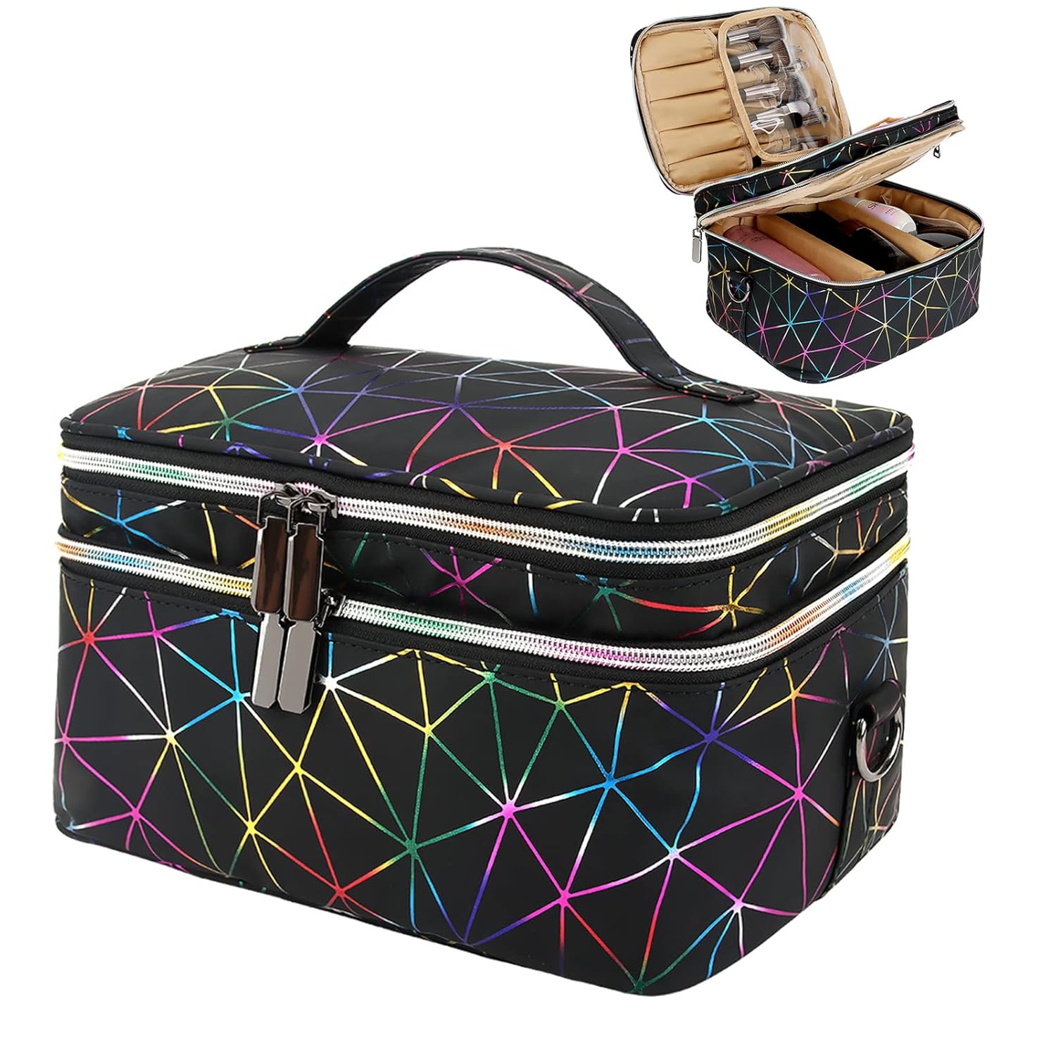 UNIMORE Makeup Case Organizer Travel Cosmetic Bag Double Layer Toiletry Bags Water Resistant Black : Beauty & Personal Care