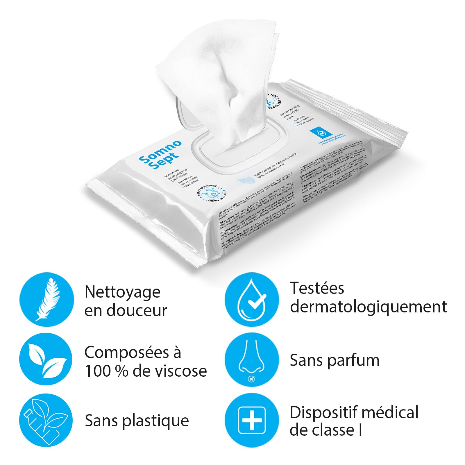 Lot de 3 paquets de 72 lingettes nettoyantes CPAP - Nettoyage rapide du masque CPAP - Pour un bon maintien du masque - Lingettes douces en 100 % viscose - Inodore - Testées