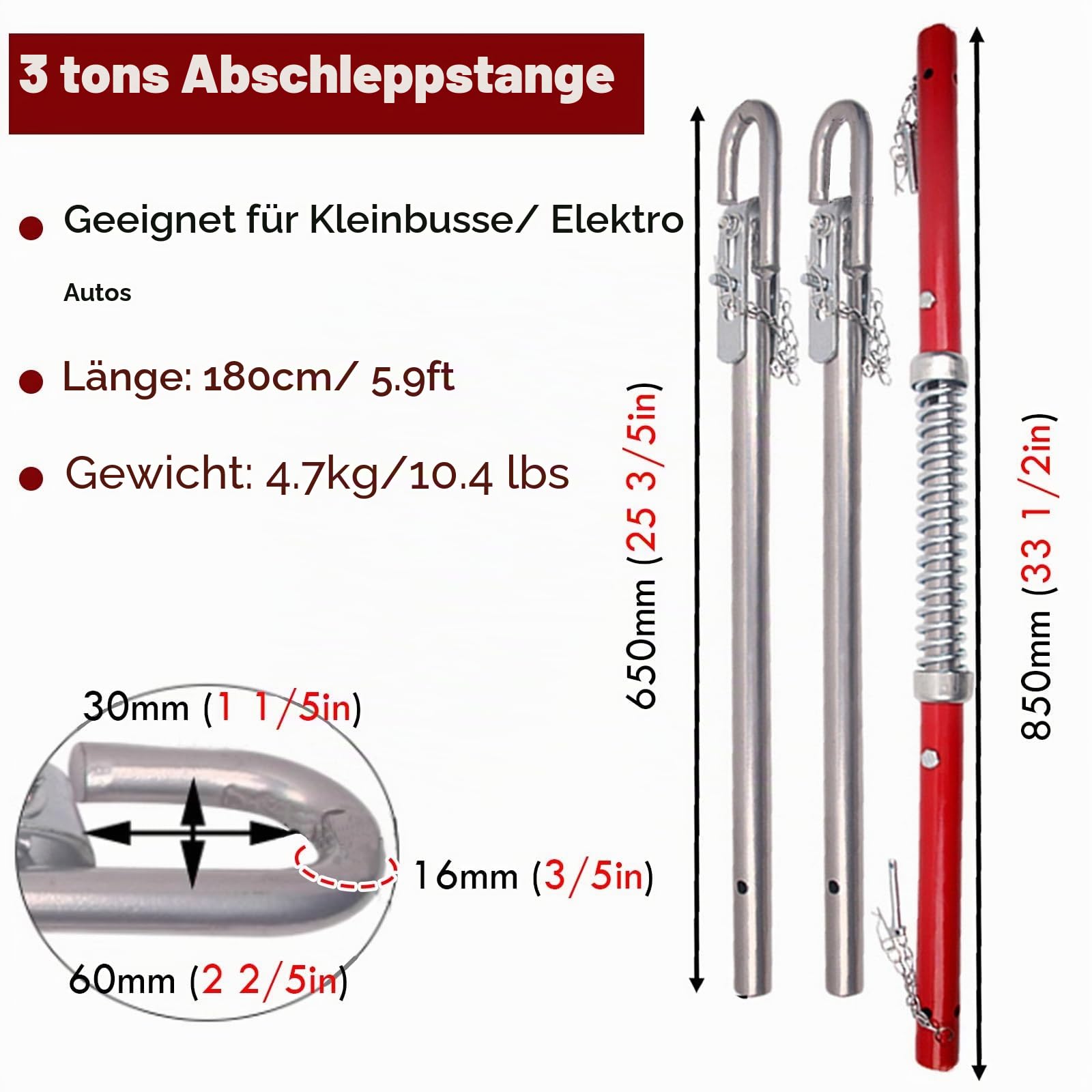 AMUFJJ abschleppstange Abschleppstange Für Pkw Kugelkopf, 3 T/ 5 T/ 6 T/ 8 T/ 20 T/ 30 T/ 50 T Abschleppstange Mit Zugkupplung Für Pkw Mit Anhängerkupplung, Mit Zwei-Wege-Dämpfung(3 ton)
