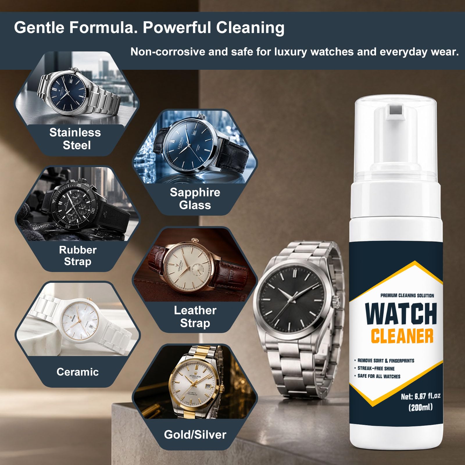 Kit di pulizia per orologi, formula delicata, rimuove sporco, impronte digitali e sudore in modo sicuro, set portatile con spray detergente per orologi e pennelli per uso domestico in viaggio