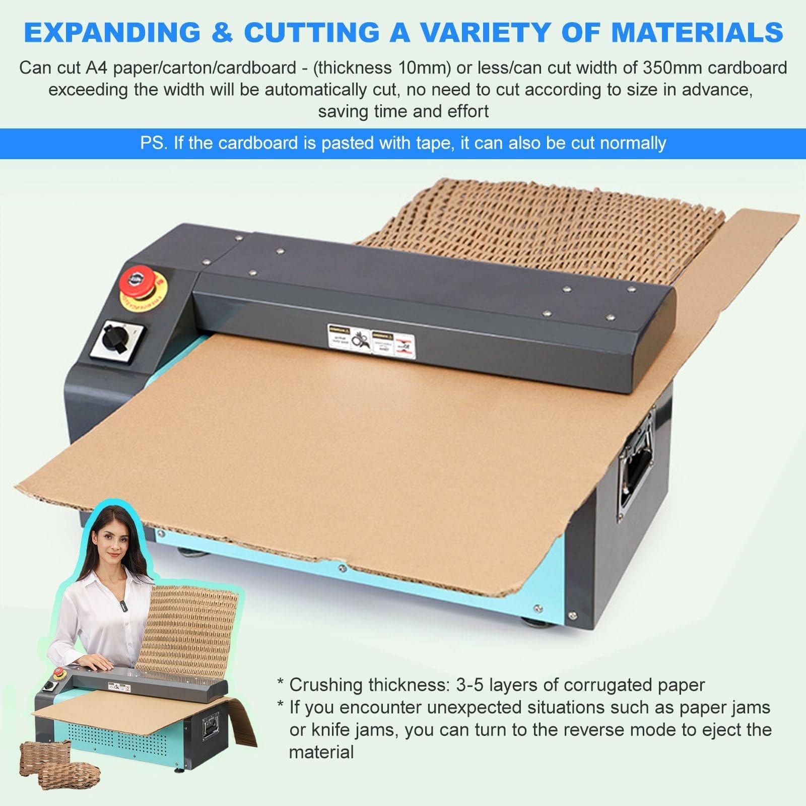Trituradora de cartón de 350 mm de Ancho, Perforadora de cartón reciclable de 5 m/min, cortadora de expansión de Cajas de cartón Ondulado para Empresas de envío y Embalaje.