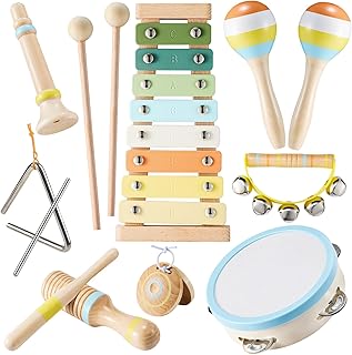 Baby Musical Instruments Set Montessori Wooden Music Toys for Toddlers 1 2 3 Neutral Color Percussion Music Kit with Drum,...