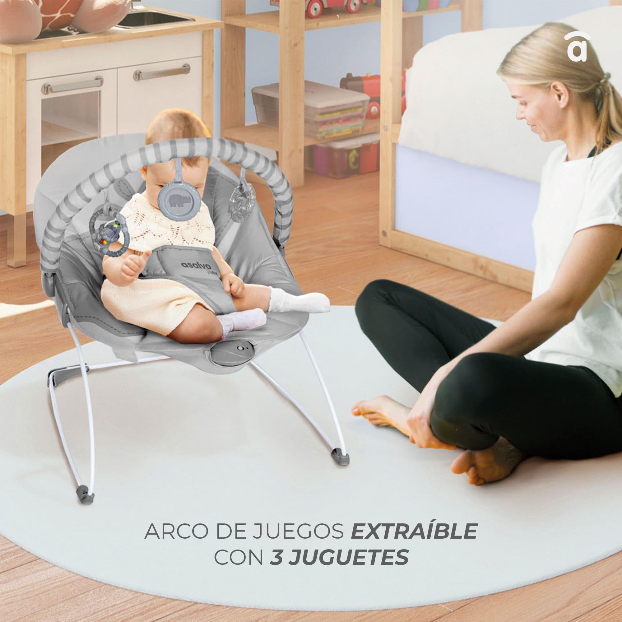 Asalvo MUMMY Hamaquita Musical desde el nacimiento, Balancín para bebés, Plegado Compacto, Reclinable con una sola mano, Movimiento natural, Arco con juguetes, Fácil de limpiar, Hippo Gris