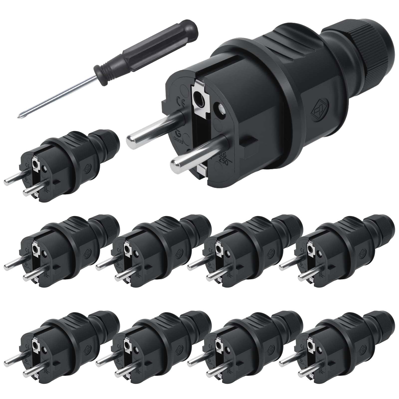 10Pcs Spina Schuko 250V(16A), Presa Schuko con Contatto di Protezione, Ritardante di Fiamma Ip44, per Cavo da 6 a 10 mm, Europa Spina per Cavi per Esterni con Cacciavite