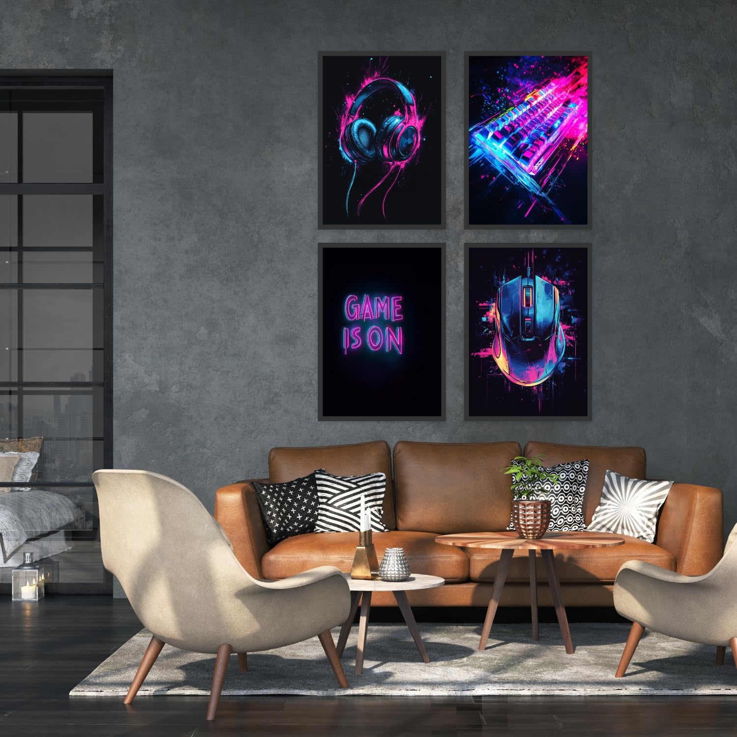 Donari Poster Gaming 4er-Set - Gaming Bild als Deko für Gamingzimmer - Wand Dekoration für Zocker Zimmer Led Optik Set A4 Bilder mit oder ohne Rahmen (Motiv 3, 21x30 cm, Gerahmt)