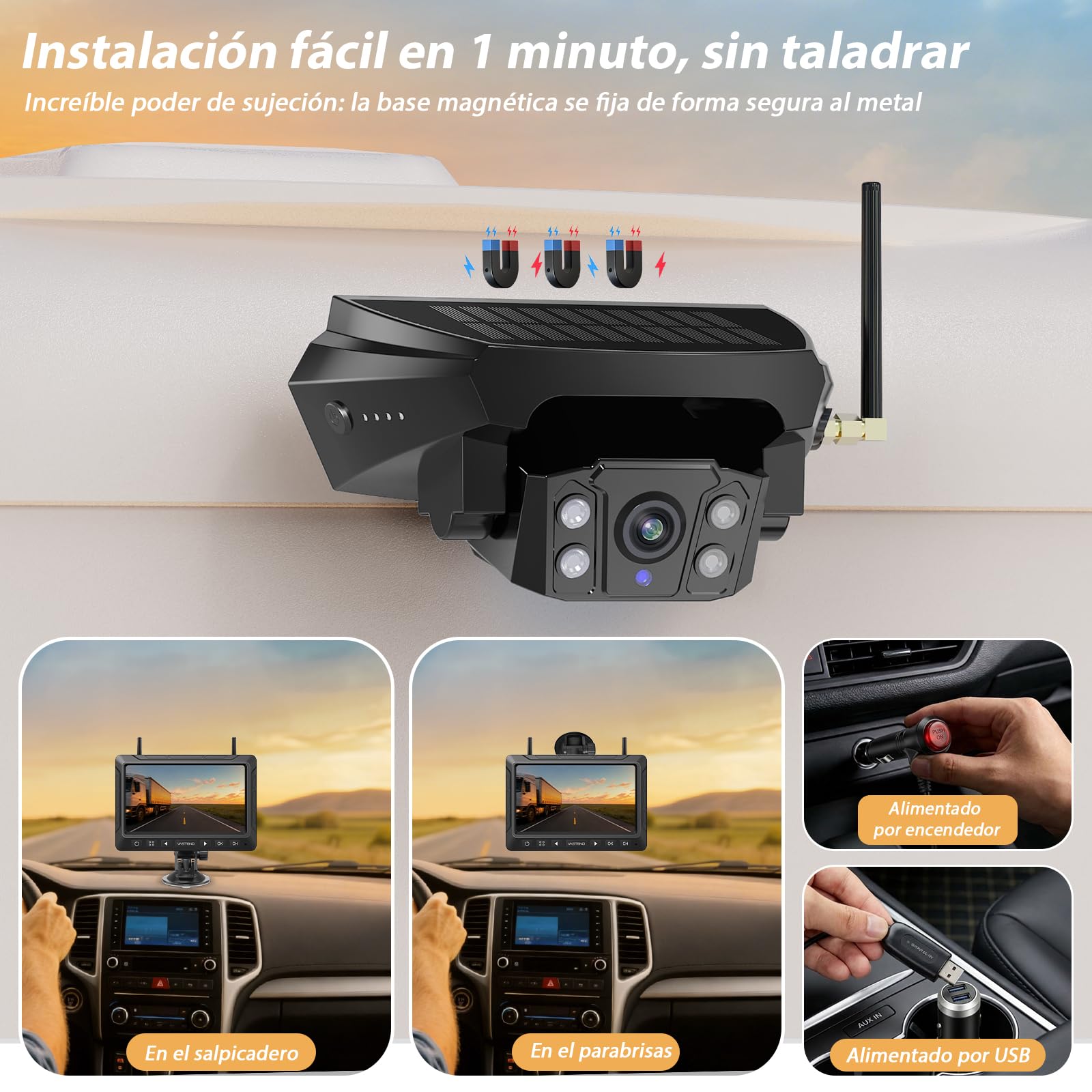 Cámara de visión Trasera inalámbrica Solar magnética con batería de 10000 mAh, cámara de visión Trasera inalámbrica de 7 Pulgadas, Dispositivo de visión Nocturna por Infrarrojos (VS-7E)