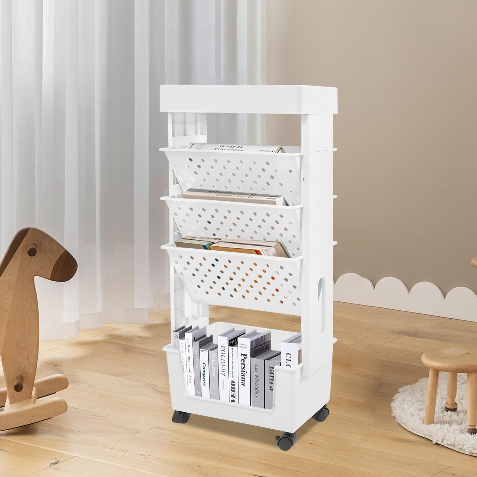 Estantería móvil con ruedas de 5 niveles, carrito de PP/ABS para libros, suministros de manualidades y organizadores, estantería para niños y oficina, con 2 frenos, color blanco