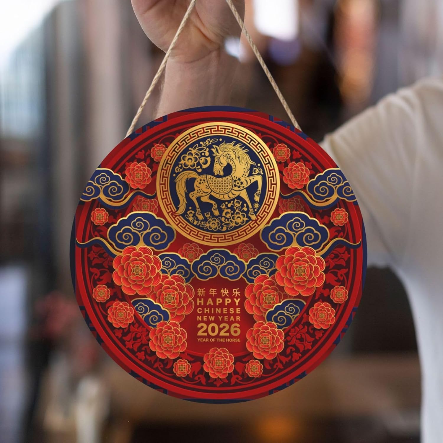 Year Of The Horse Happy Chinese New Year 2026 Round Wood Panel Painting For Home Decoration Circles Door Hanger Party Sign Hanging Paintings For Office, Wall 12 Inches