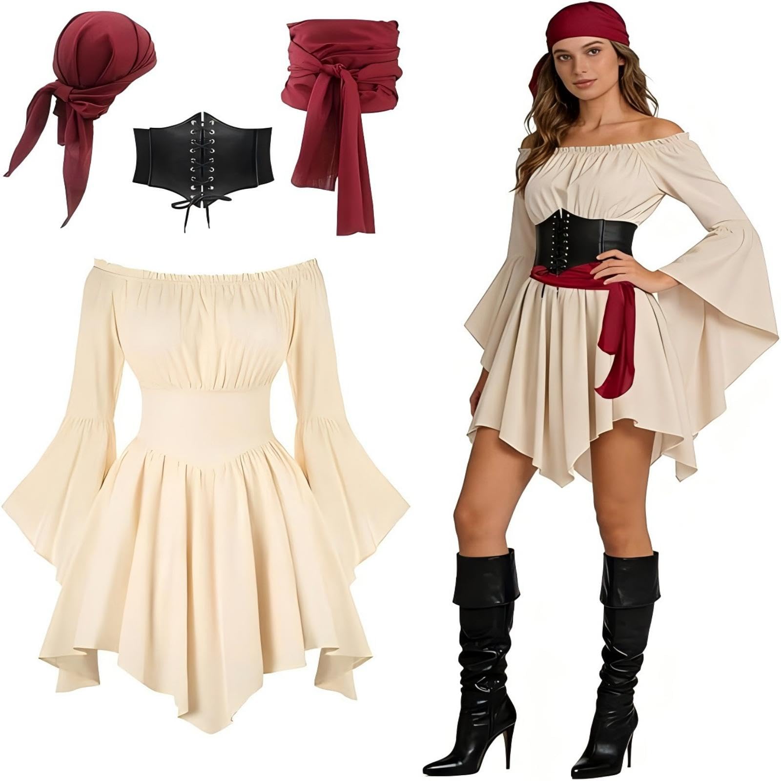 Pirate Costume Women 4 PCS Adult Halloween Costume Off Shoulder Gothic Dress Set Fancy Dress Head Scarf and Corset With Lace-Up Front Medieval Costumes Renaissance Cosplay Party Outfits