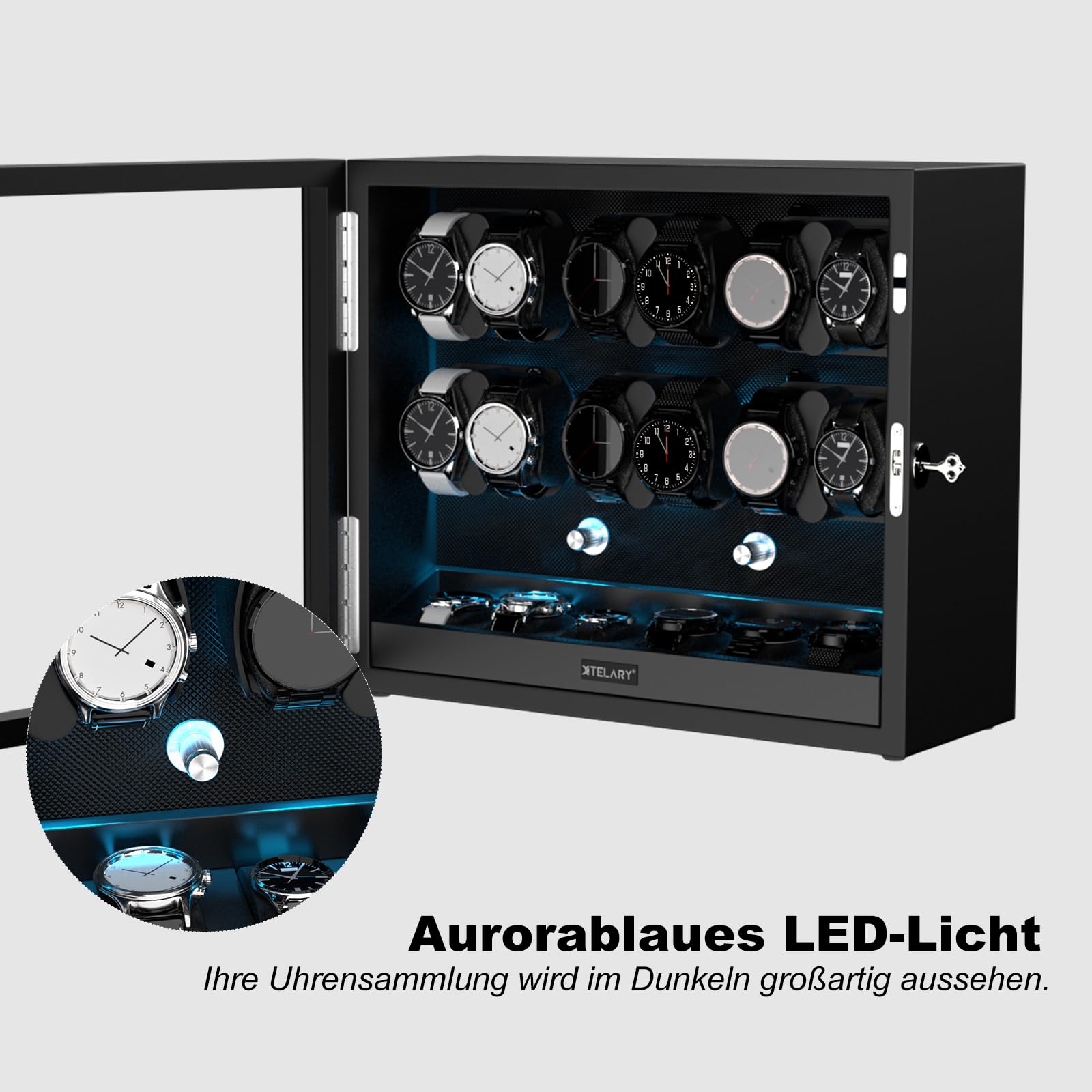 XTELARY Uhrenbeweger für 12 Automatikuhren, Abschließbarer Automatikbeweger mit Extra 6 Uhrenfächern, 4 Rotationsmodi, Flexible Uhrenkissen, Leiser Mabuchi Motor und Blaue Hintergrundbeleuchtung,Black