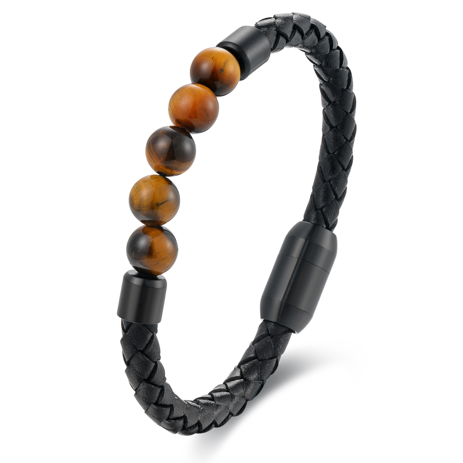 BIYONGDE Mens Black Black Leather Bracelet with 8MM Onyx Beads, Classic Black Leather and Beaded Bracelet for Men, Minimalist and Urban Style