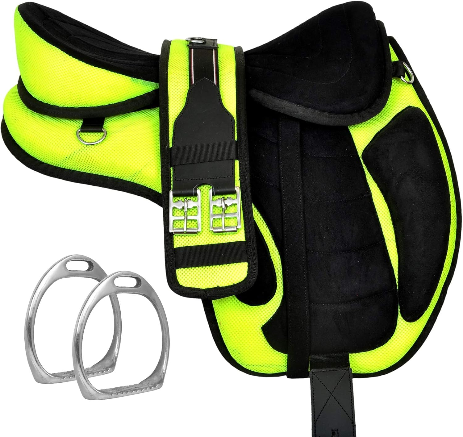 ADB CREATIONS Synthetic Treeless Freemax Horse Saddle Handmade Western Lightweight Synthetic Horse Saddle with Comfy Padded Seat Matching Girth and Aluminum Stirrups 10 to 18-Inch Seat (Green)