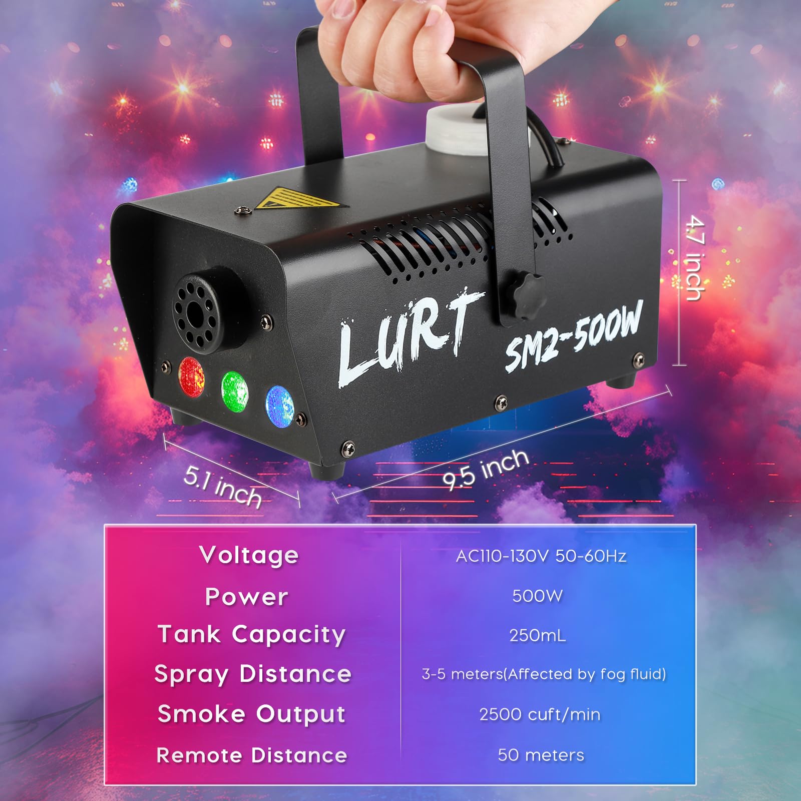 Fog Machine Auto Smoke LURT LED Light 500W Mini Wireless Remote Control Mode Portable for Parties Outdoor Halloween Wedding Stage Effect Indoor Disco and Disinfection 2500CFM Fuse Protection