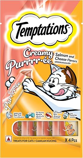 Temptations Creamy Purrrrr-ée Lickable Cat Treats, Salmon &amp; Cheese Flavour, 48 G, Made with Real Fish, Goodness of Protei...