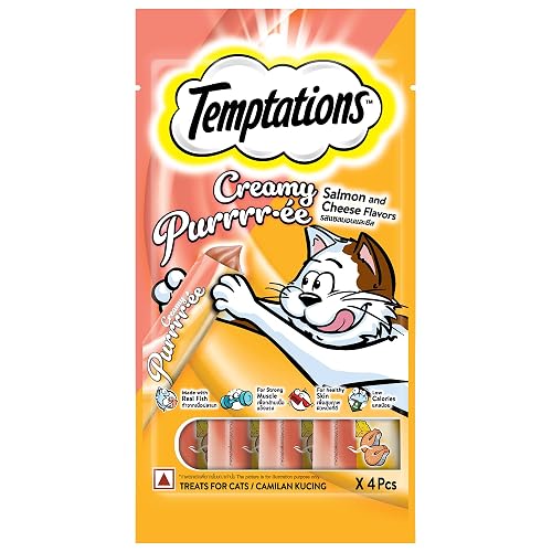 Temptations Creamy Purrrrr-ée Lickable Cat Treats, Salmon & Cheese Flavour, 48 G, Made with Real Fish, Goodness of Protein, Vitamins & Minerals,All Life Stages