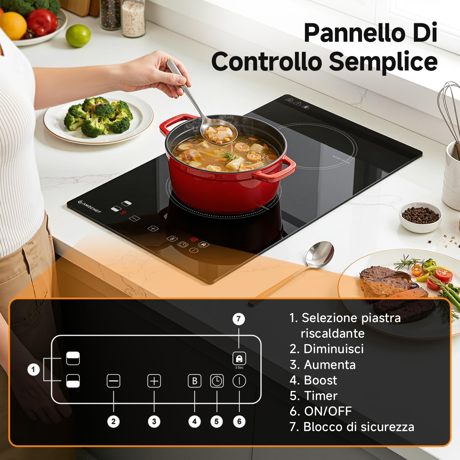 AMZCHEF piastra induzione 2 fuochi, con riscaldamento continuo, 10 livelli di potenza e funzione Boost, blocco di sicurezza e timer, protezione dal surriscaldamento, da incasso/portatile, 3700W