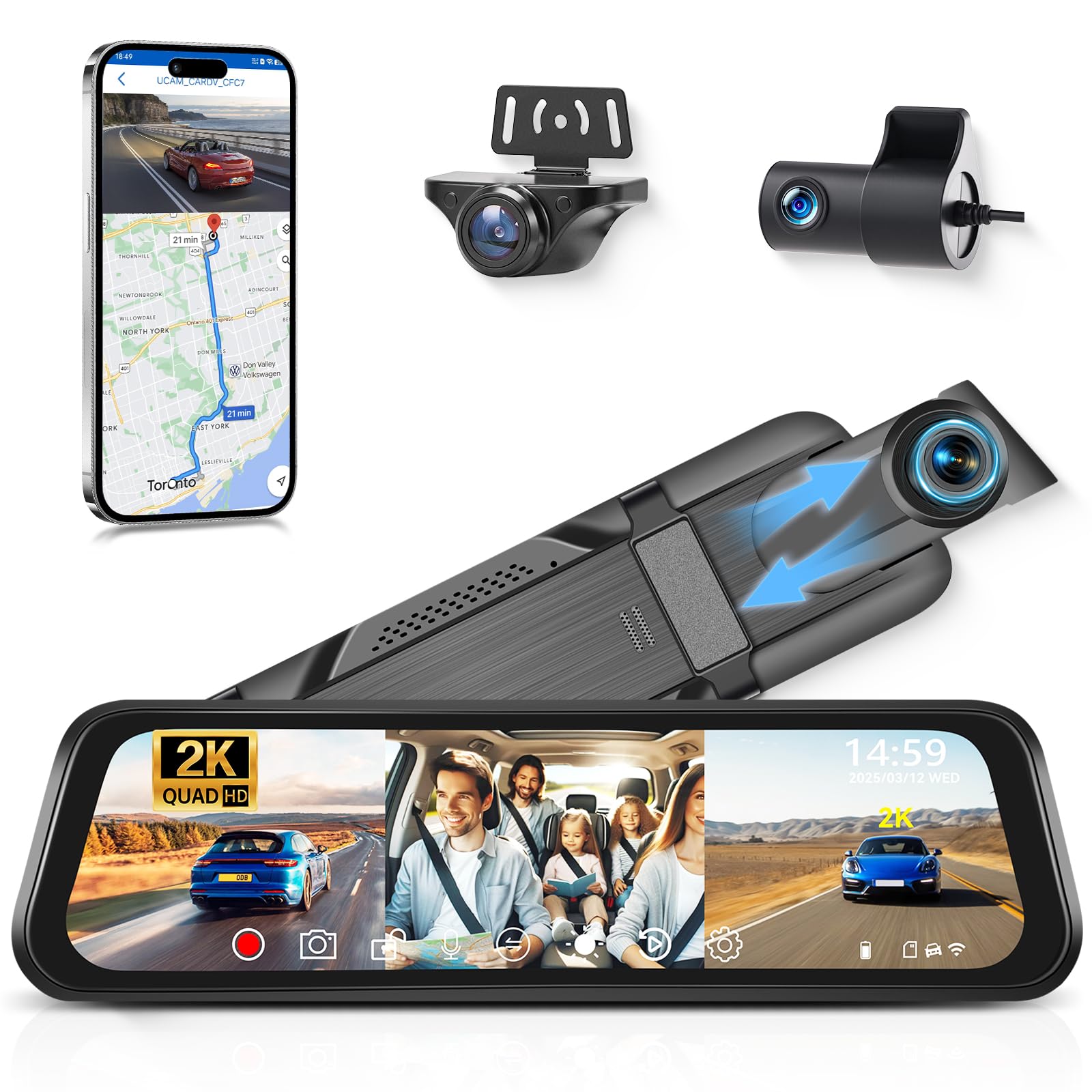 VECHTEL Cámara de Coche 3 Lentes, 2K Delantera/1080P Interior/Trasera con WiFi, Pantalla Táctil IPS 9.66 Pulgadas, Visión Nocturna, Sensor G, Grabación Bucle