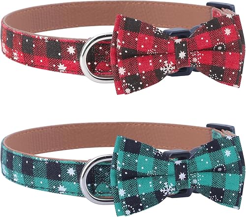 Miniatura 2 de Collar de Navidad para perro con elegante corbatín, cuero de alta calidad, algodón rojo y verde, copo de nieve, duradero, suave, cómodo, de tela