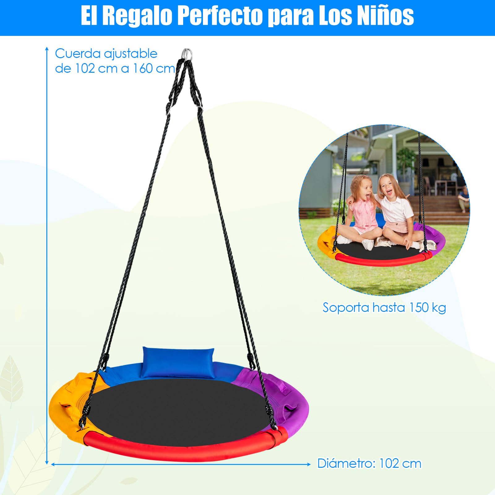GOPLUS Columpio Jardín Exterior, Máxima Carga 150 KG, Tela Oxford y PP Seguro y Duradero al Aire Libre, Columpio Redondo Grande Diámetro 100cm, Cuerdas Ajustables, con Almohada, para Niños y Adultos