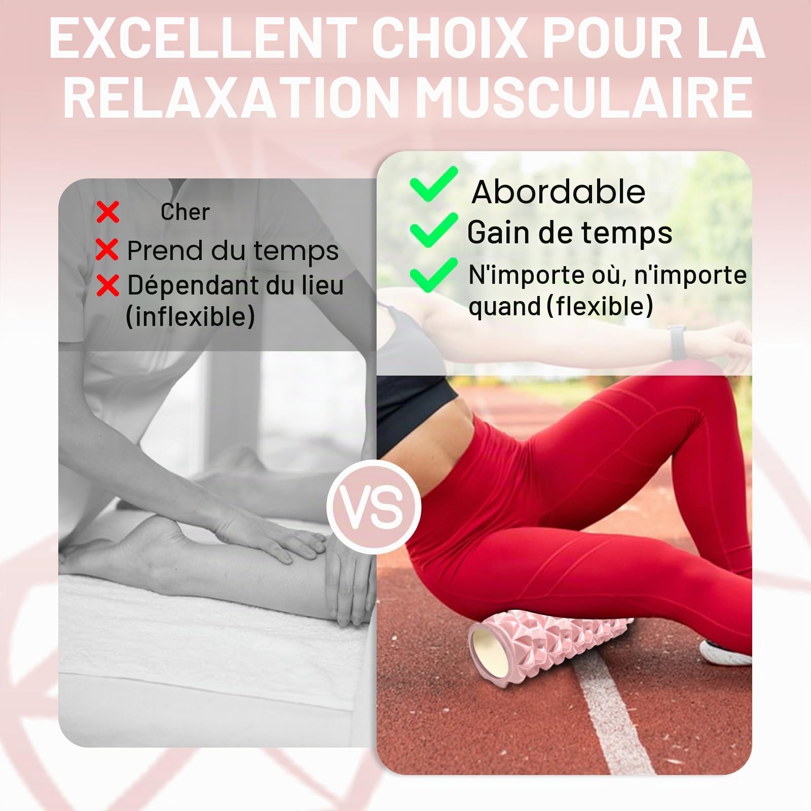Rouleau de Massage Adulte Unisexe Rouleau Massage en Mousse à Quadrillage Foam Roller pour Soulager les Tensions Musculaires la Pression dans le Dos Rouleau de Massage Musculaire 30×8cm (Rose)