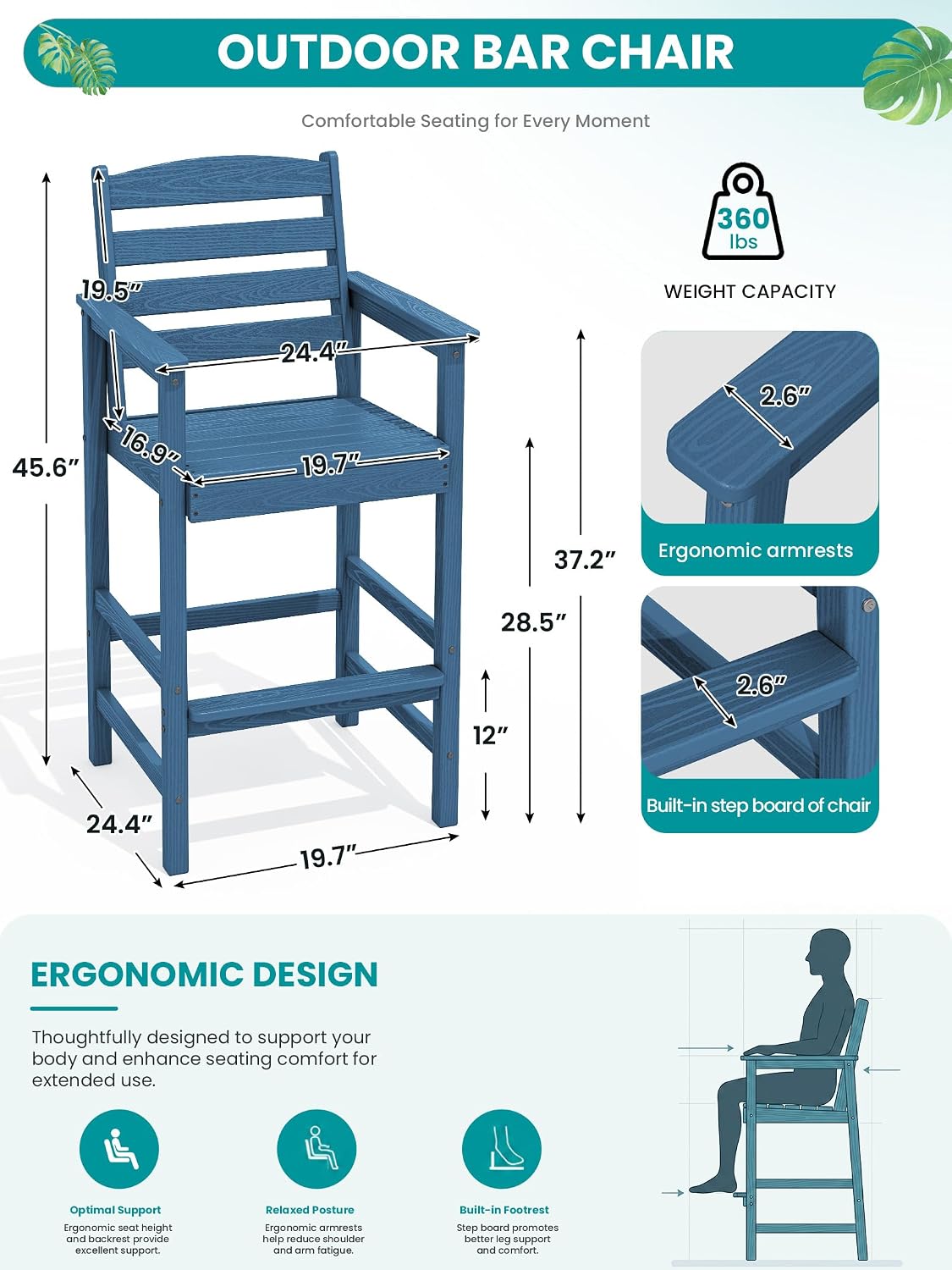 SERWALL Tall Adirondack Chairs Set of 2, Balcony Adirondack Chairs Set, Outdoor Bar Height Widened Chair Set for Bistro, Poolside, Garden, Blue