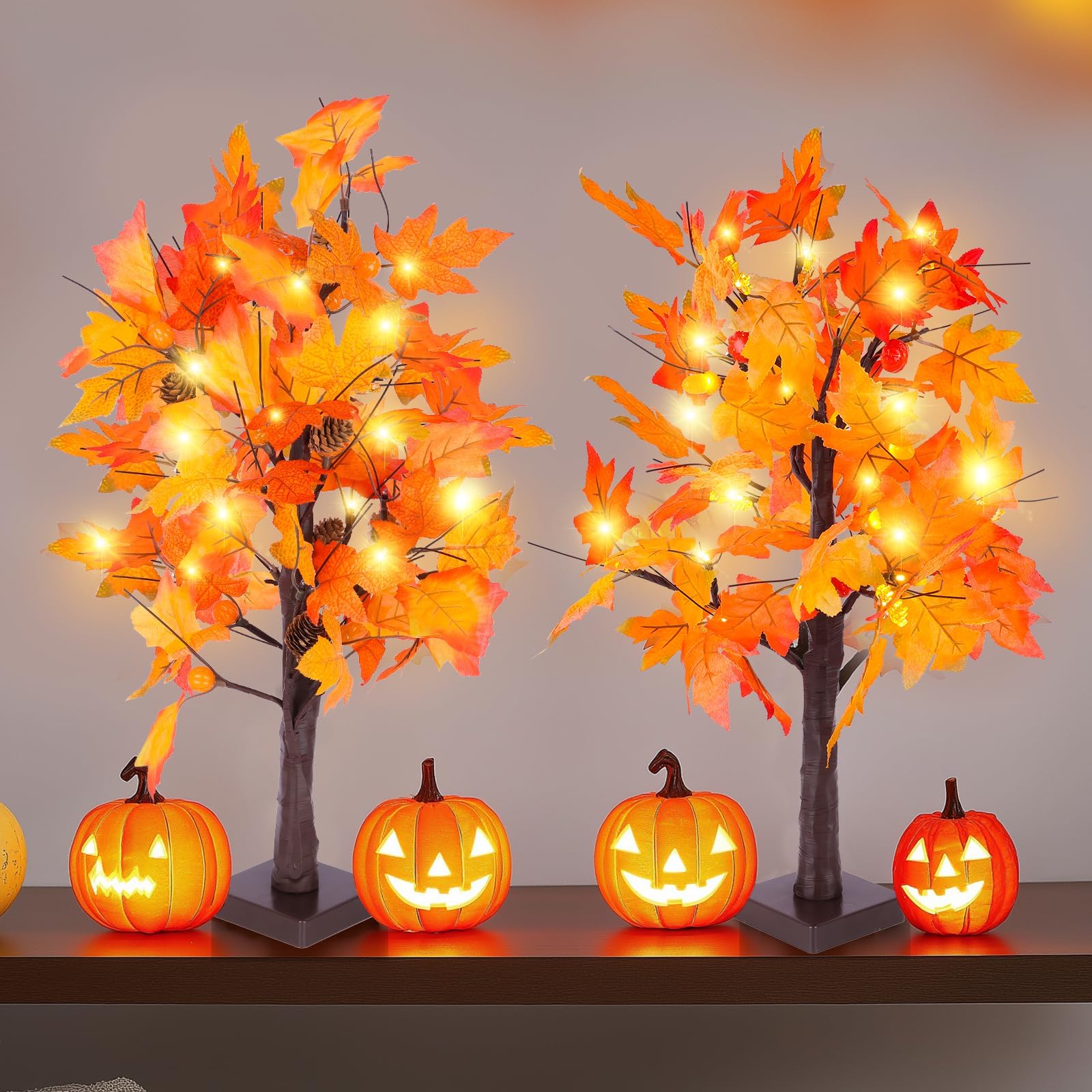 Fall Maple Tree with Lights, 2 Pack 25'' Thanksgiving Christmas Indoor Decorations Artificial Fall Trees for Home, Table Decor USB & Battery Operated Autumn Tree with Acorns, Pine Cones, Pumpkin