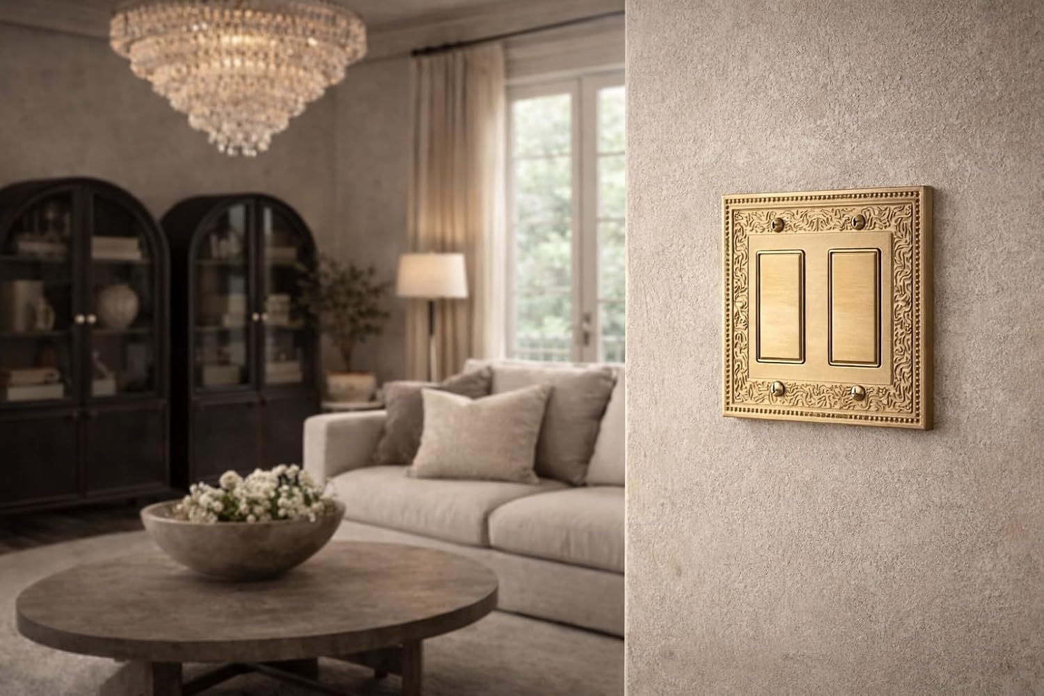 Rio Salto Laurel Collection Double Rocker Gold Light Switch Cover Plate – Medium 5" x 5" Brushed Brass Metal Wall Plate, Luxury Decorative 2-Gang Switch Plate Premium Heavy-Gauge Wall Plates