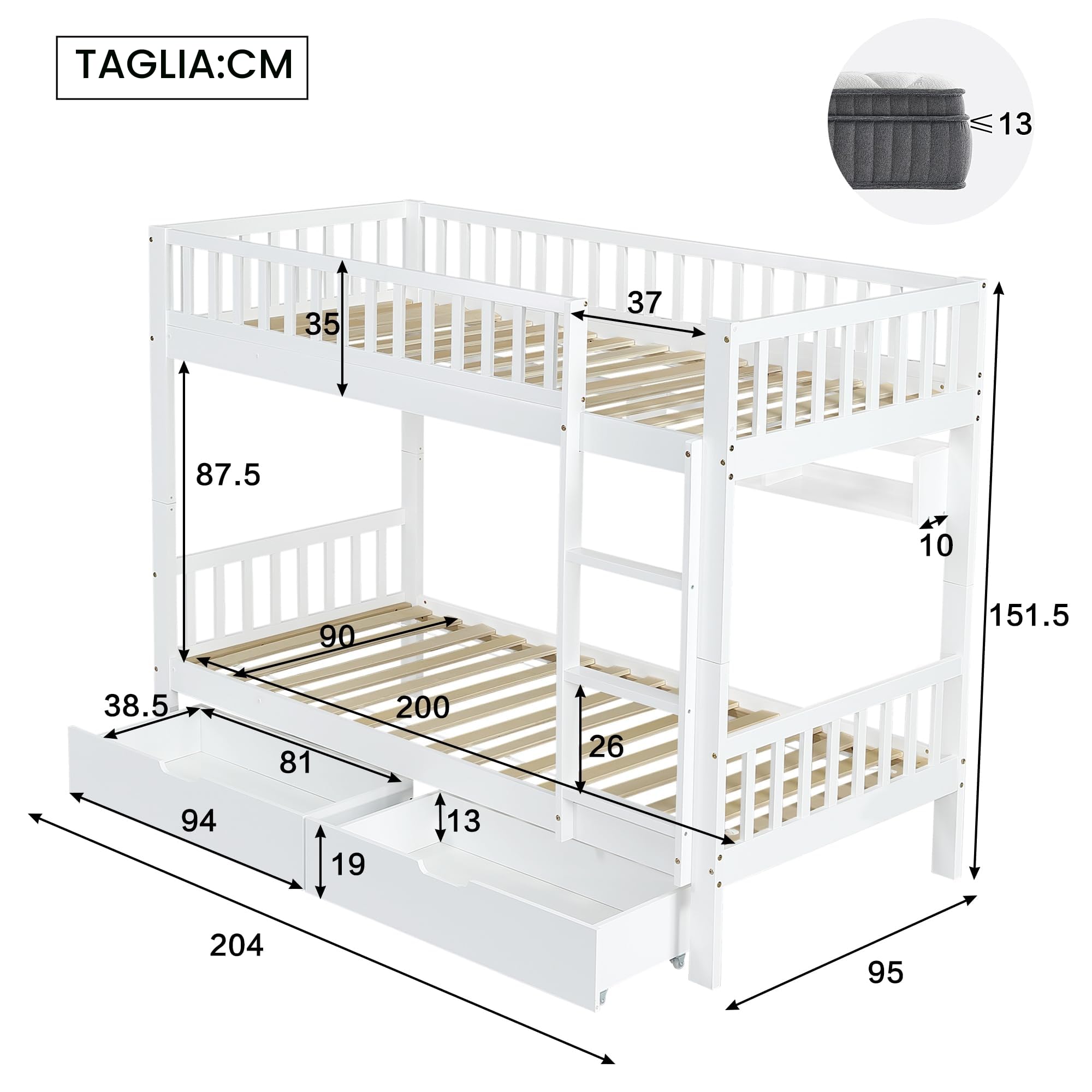 Lettino per bambini a castello 90x200 cm per 2 bambini, letto a soppalco con 2 cassetti e ripiani, struttura in legno con protezione anti-caduta e rete a doghe, 2 letti singoli, telaio in legno