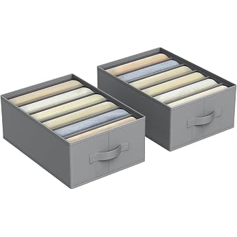 SONGMICS Wardrobe Organiser Set of 2 Storage Box 6 Compartments Drawer Organiser System Foldable Organiser Boxes 42 x 30 x 17 cm for Trousers Clothes Dove Grey RUS009G02