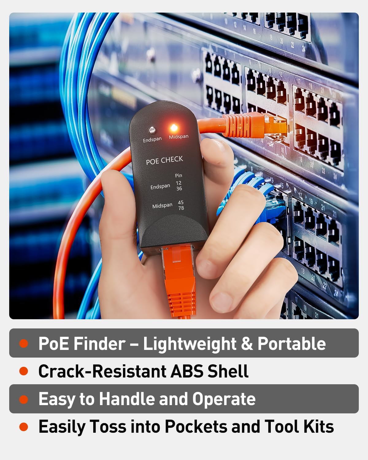 VCELINK PoE Tester con Cavo di Prova, Rilevatore di Stato Power Over Ethernet per il Rilevamento di Mid span o end span, PoE TEST-CE-EMC, Certificato RoHS 2.0, Nero, 1 pezzo