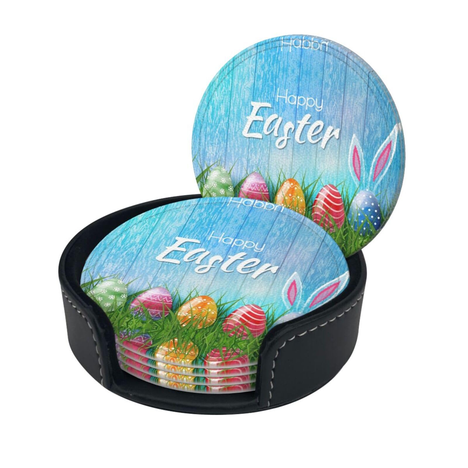 Lklddpzb White Easter Egg Bunny Grass Wooden Print Round Leather Coasters - Set Of 6, Ultra-Fiber Pu Leather