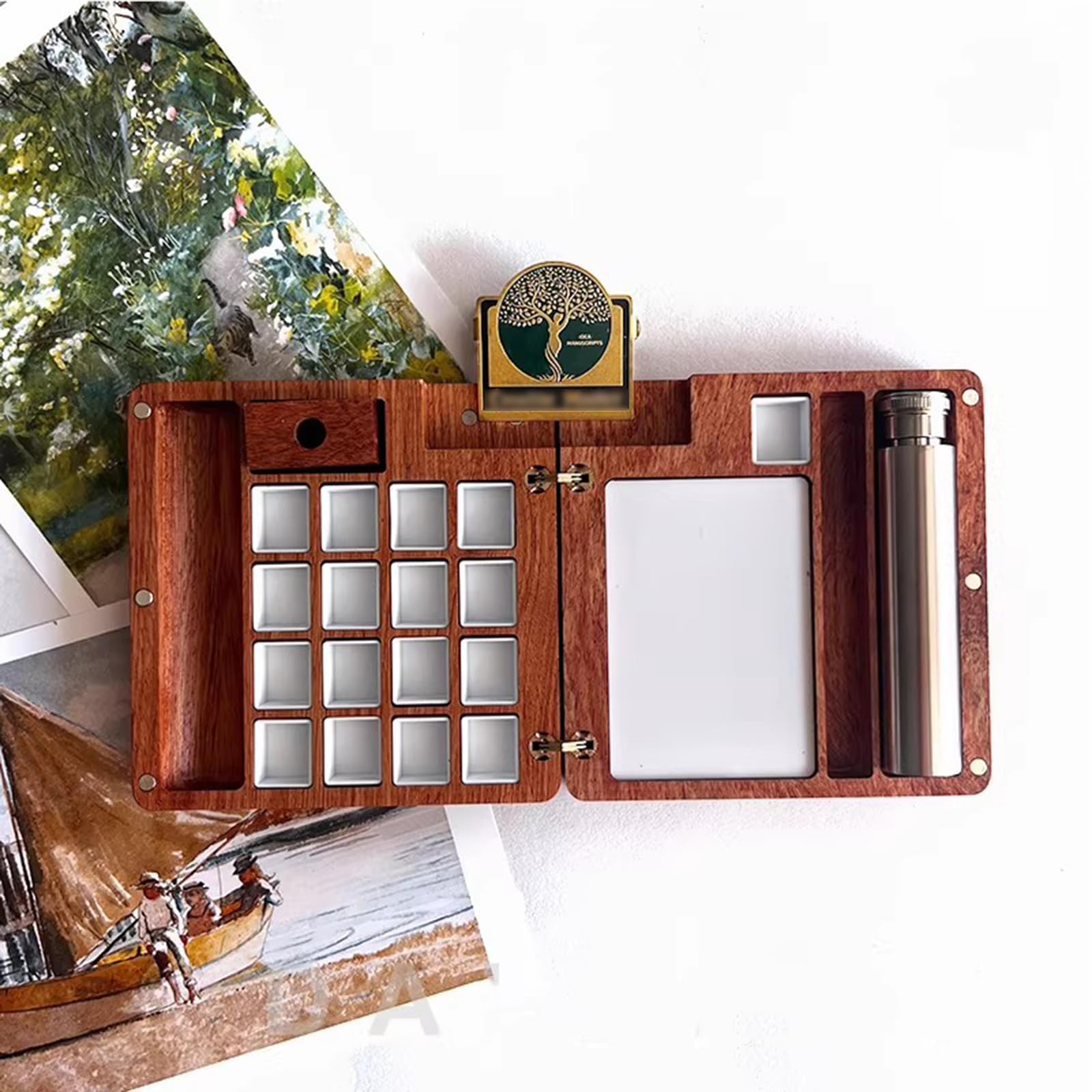 Palette d'aquarelle, mini portable 24 compartiments, boîte en bois de 2 ml avec tasse de lavage, plateau de voyage pour aquarelle, gouache, acrylique, idéale pour les artistes et les étudiants