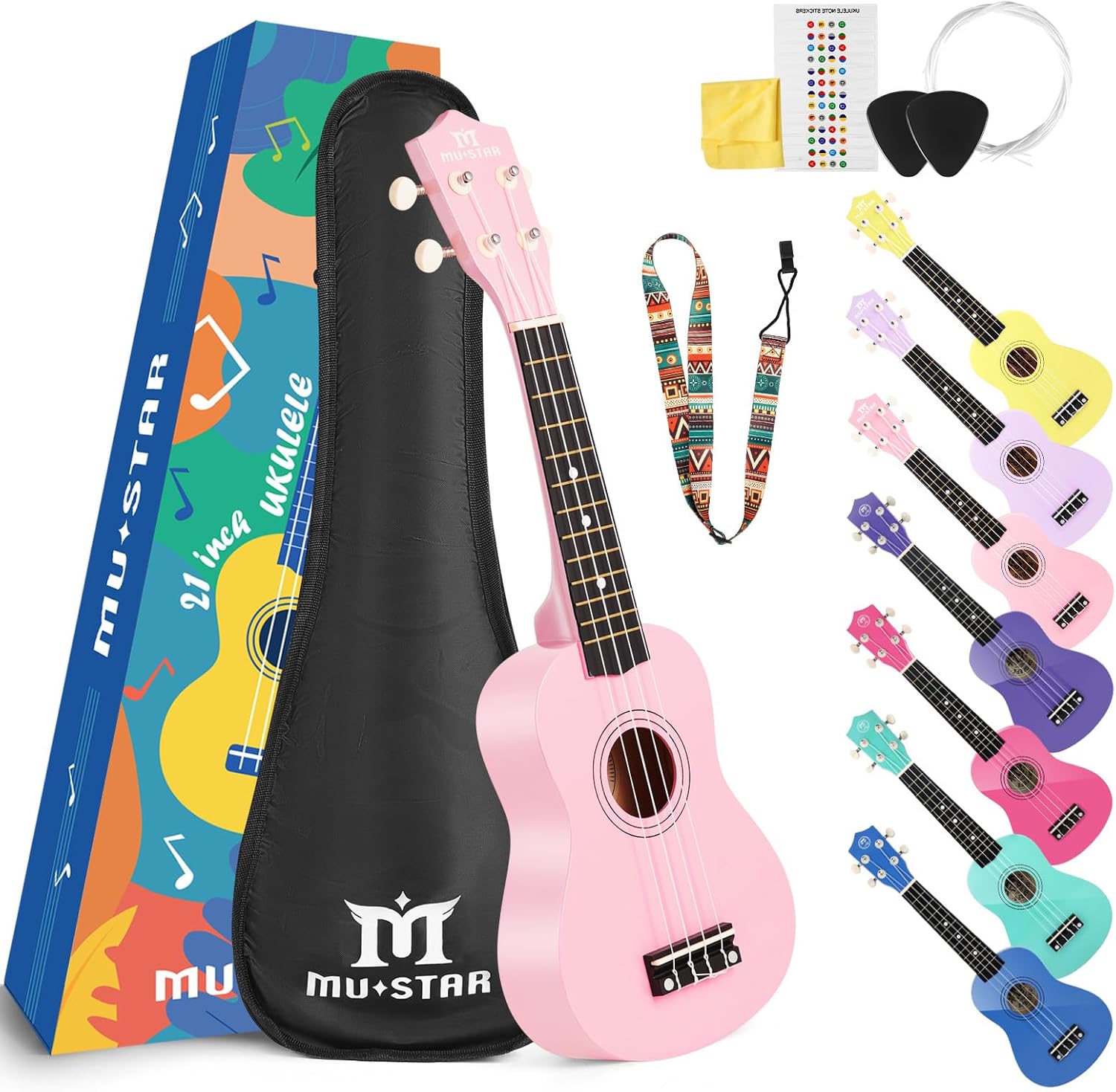 MUSTAR Soprano Ukulele, 21 Inch Ukulele for Beginners - Small Guitar Ukulele for Beginner, Ukuleles Kit With Gig Bag, Strap, Picks, Basswood Pink Ukuleles Set