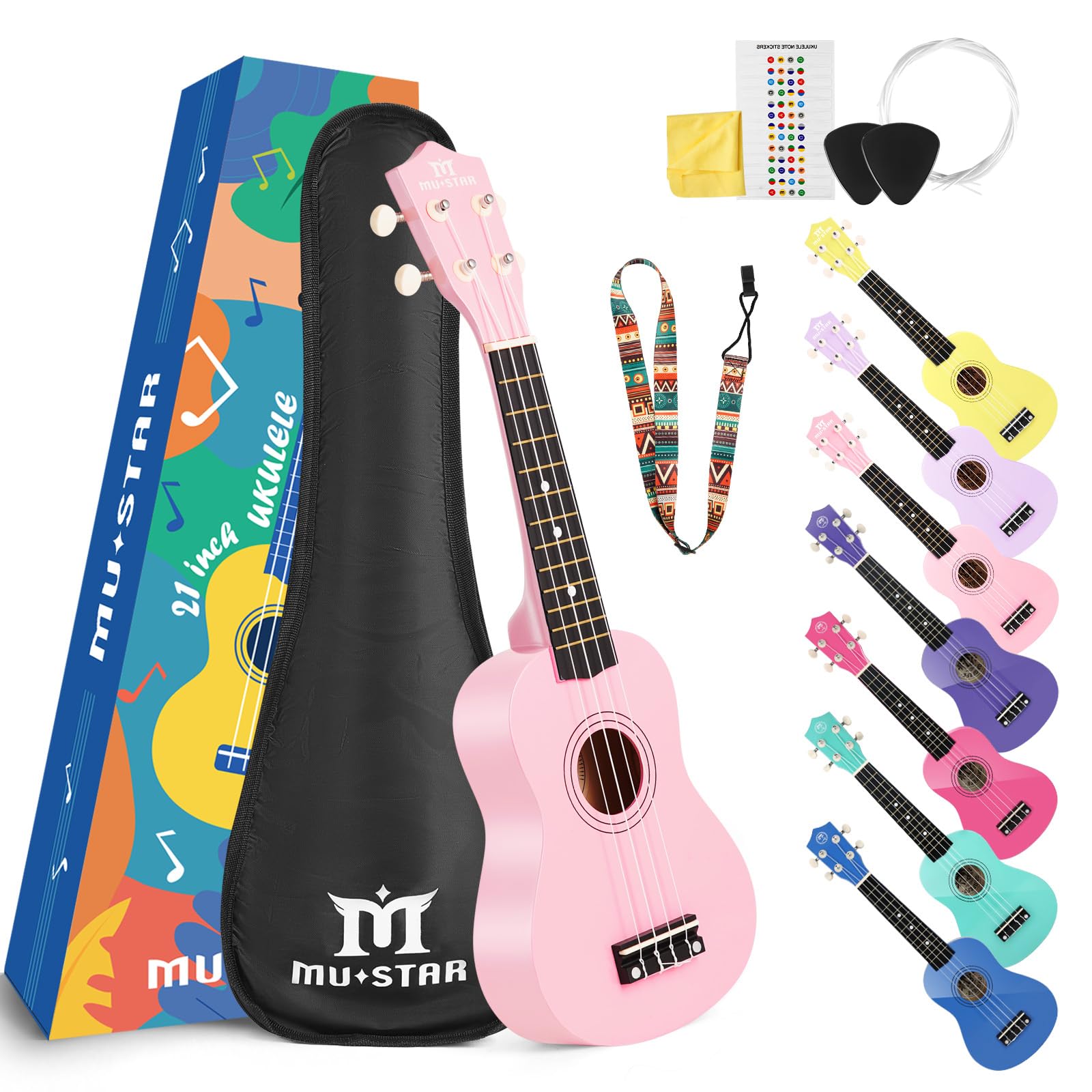 MUSTAR 21 Inch Soprano Basswood Light PInk Ukulele Set for Beginners