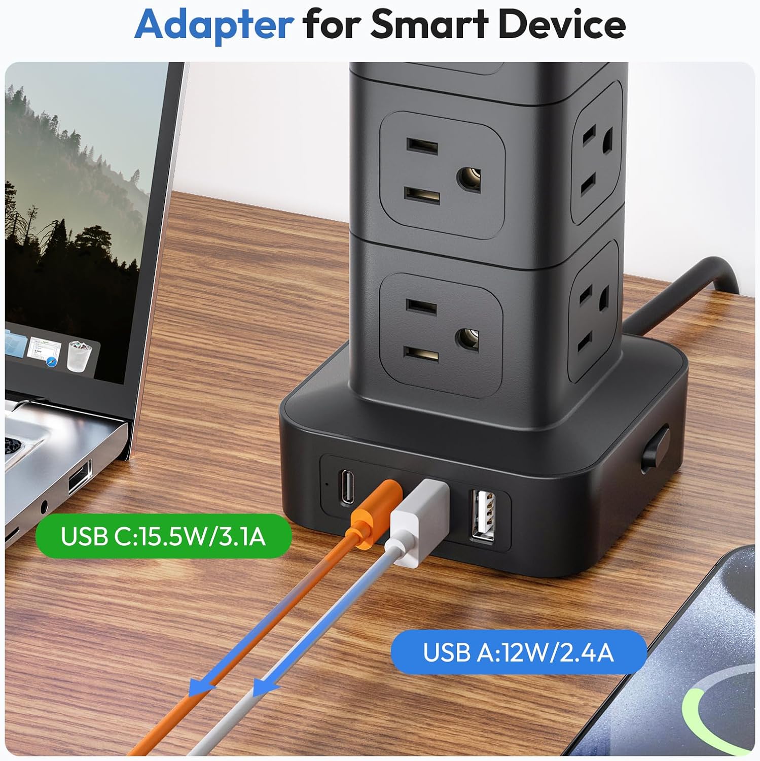 NTONPOWER Compact Surge Protector Power Strip Tower, 1080J Surge Protector Tower, 12 AC Outlets 4 USB(2 USB C) & 15 FT Extension Cord Tower with 16 Widely Spaced Outlets 4 USB Ports