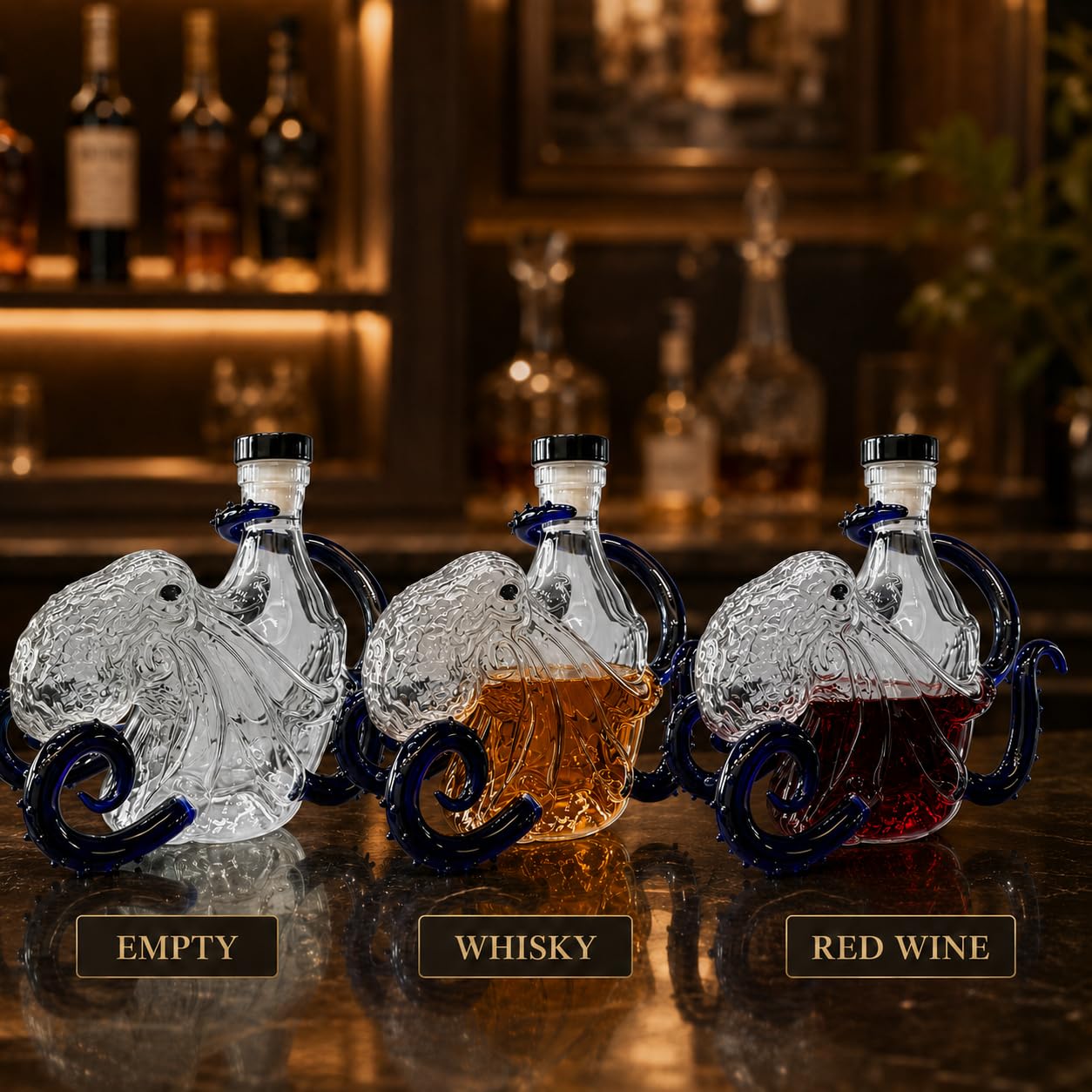 Bottiglia di vino a forma di polipo, decanter artistico in vetro 3D, decorazione nautica con tentacoli scuri, per whisky, vino, soda da 350 ml, regalo da bar a tema oceano, nero, 350 ml